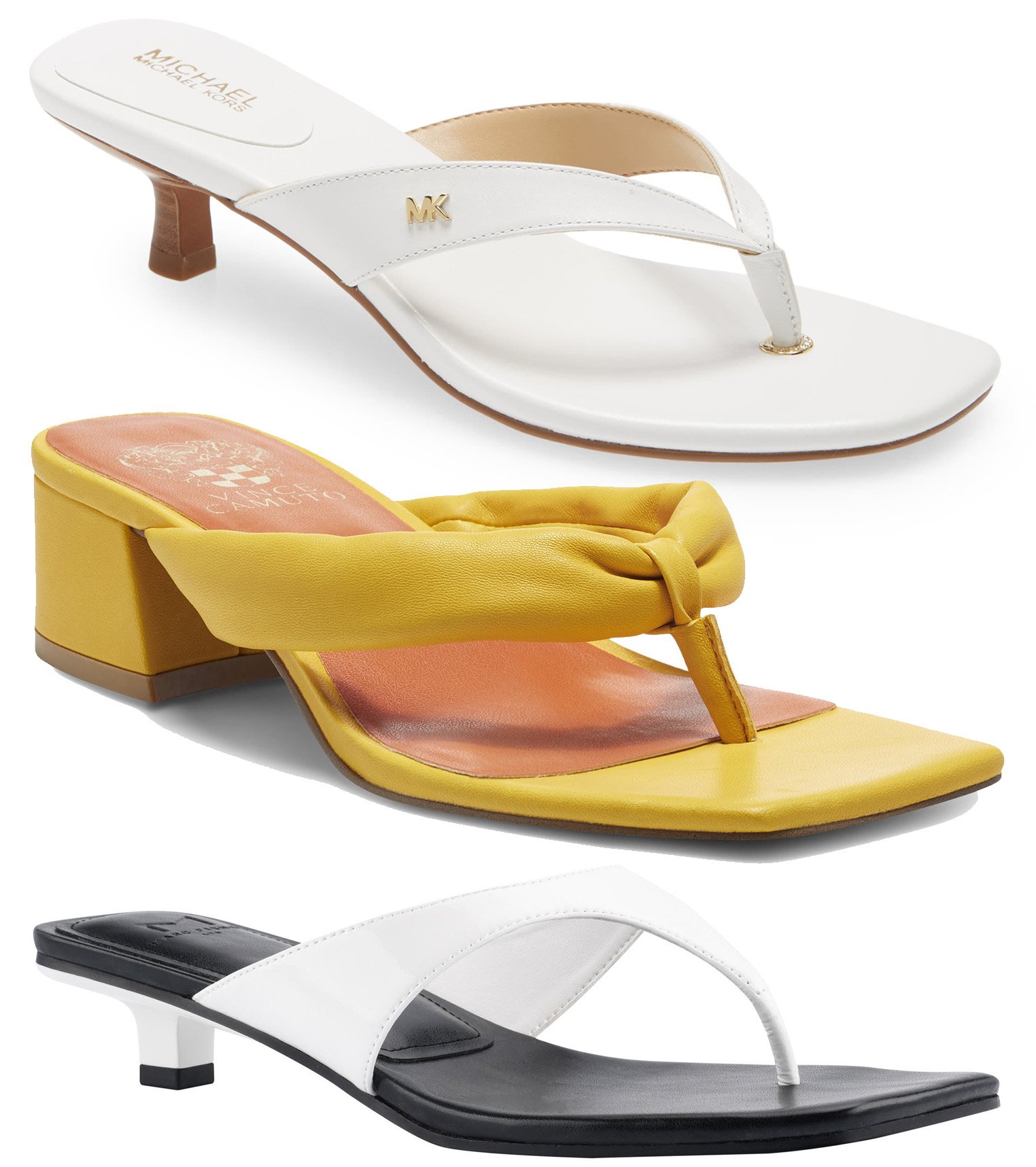 Elevated flip flops featuring kitten heels by Michael Michael Kors, sleek design from Vince Camuto, and chic style by Marc Fisher