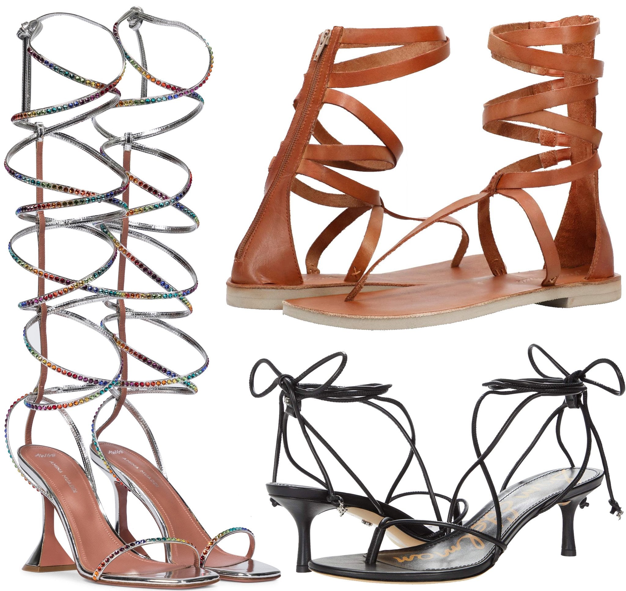 Striking gladiator sandals from Amina Muaddi x AWGE LSD embellished, Free People's Anya, and Sam Edelman's Jamila