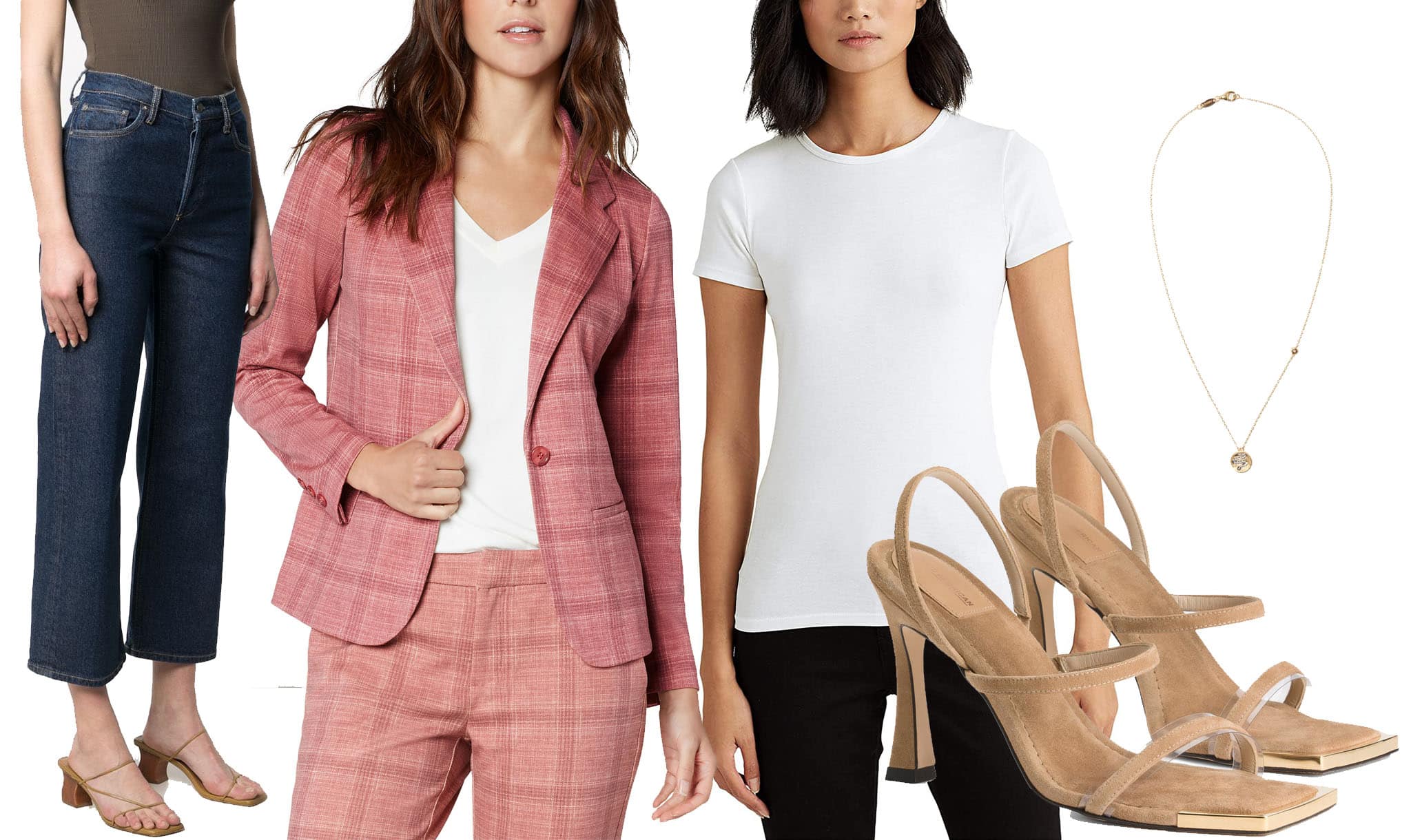Elegant and Professional: A sophisticated outfit combining Boyish Jeans high-waist jeans, Liverpool Los Angeles blazer, Lauren Ralph Lauren top, and Good American sandals, ideal for both office and evening wear