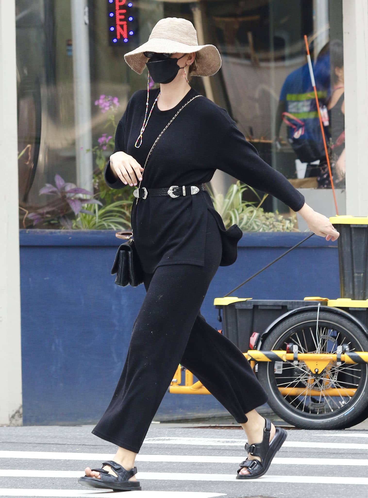 Blake Lively goes incognito in New York City, pairing her all-black errand look with Chanel’s quilted dad sandals for a chic, low-key finish