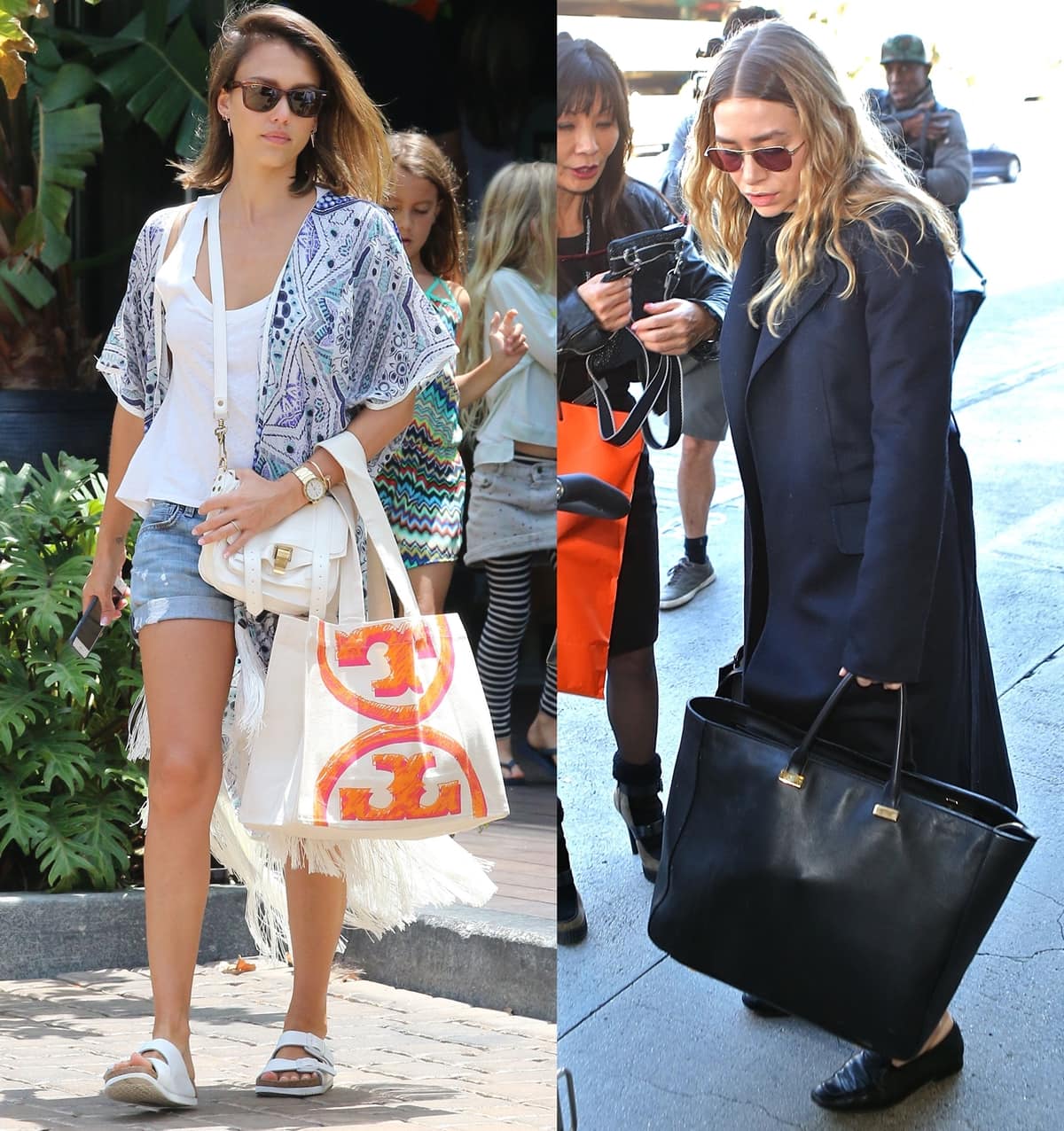Jessica Alba and Ashley Olsen sport Tory Burch bags, epitomizing the brand's balance of quality and affordability within the 'attainable luxury' category