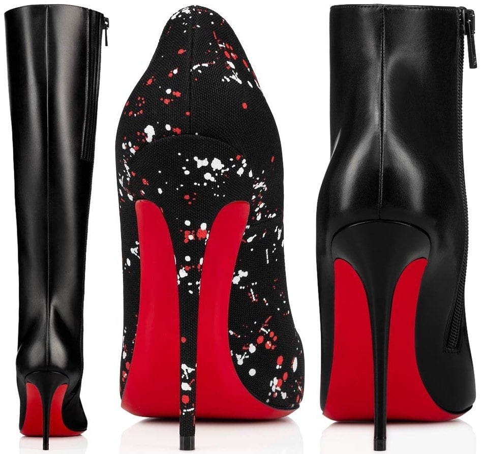 Christian Louboutin’s signature red soles meet a modern edge in this stiletto boot, blending sleek black leather with paint-splattered canvas for a bold, gallery-worthy statement