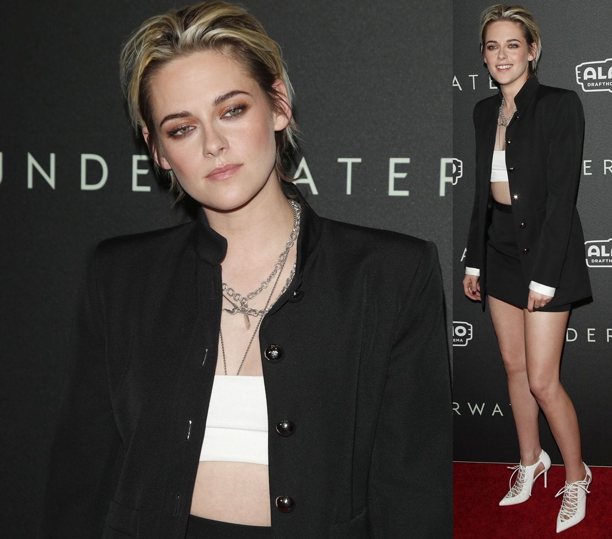 Kristen Stewart leaned into her signature androgynous edge at the Underwater fan screening on January 7, 2020, pairing an Alessandra Rich tailored jacket and mini skirt with a Naked Wardrobe crop top and sharp white Malone Souliers “Montana” lace-up booties for a sleek, rule-breaking red-carpet look