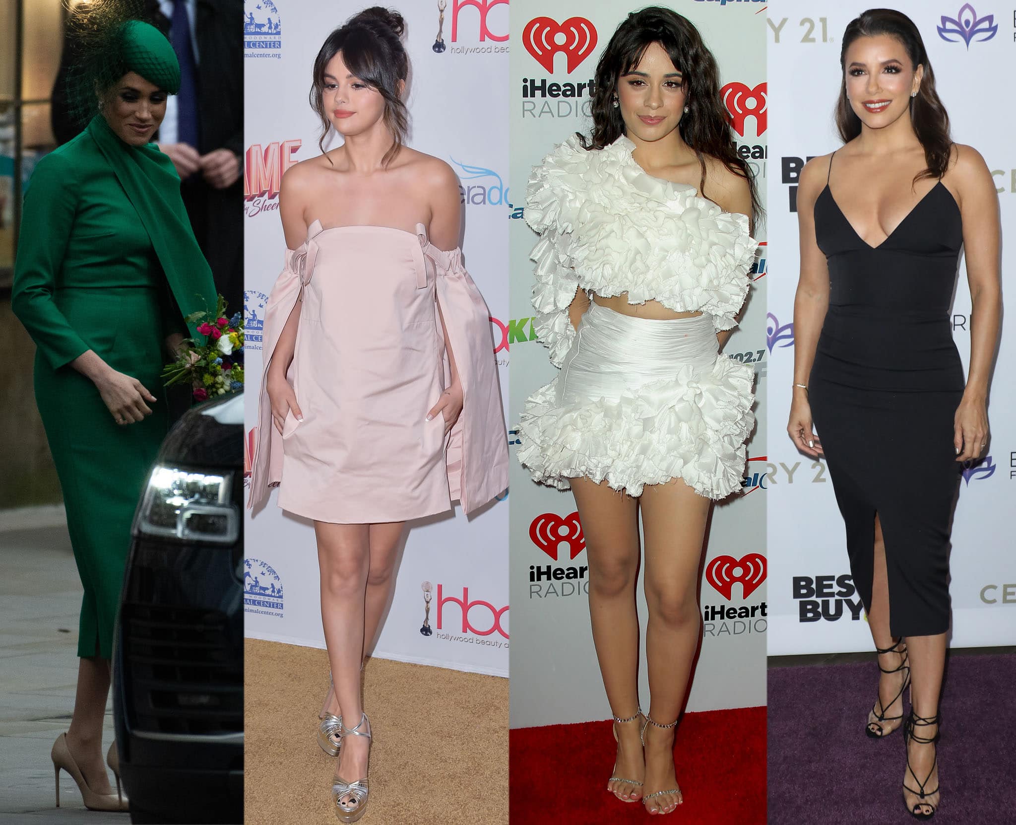 Meghan Markle, Selena Gomez, Camila Cabello, and Eva Longoria highlight the versatility of Aquazzura heels, from classic nude pumps to metallic platforms and crystal-embellished sandals