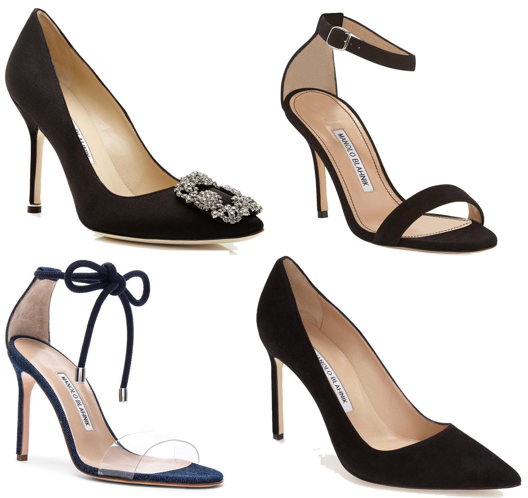 Manolo Blahnik classics like the crystal-embellished Hangisi pumps, minimalist Chaos sandals, strappy Estro, and sleek BB pumps epitomize timeless elegance