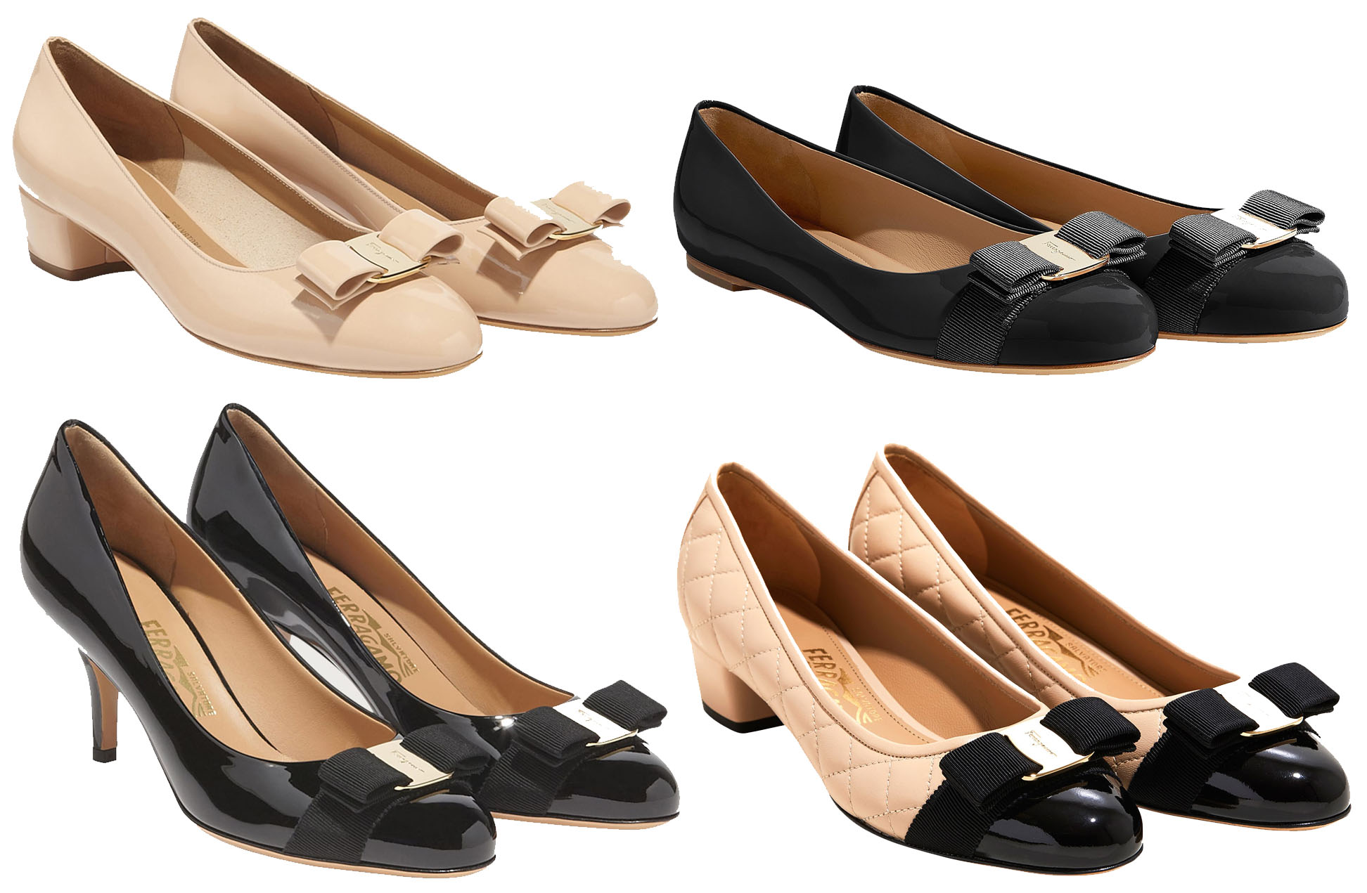 Salvatore Ferragamo’s iconic Vara—with its signature grosgrain bow and gold logo plaque—comes in a range of silhouettes and finishes, from classic pumps to quilted ballet flats