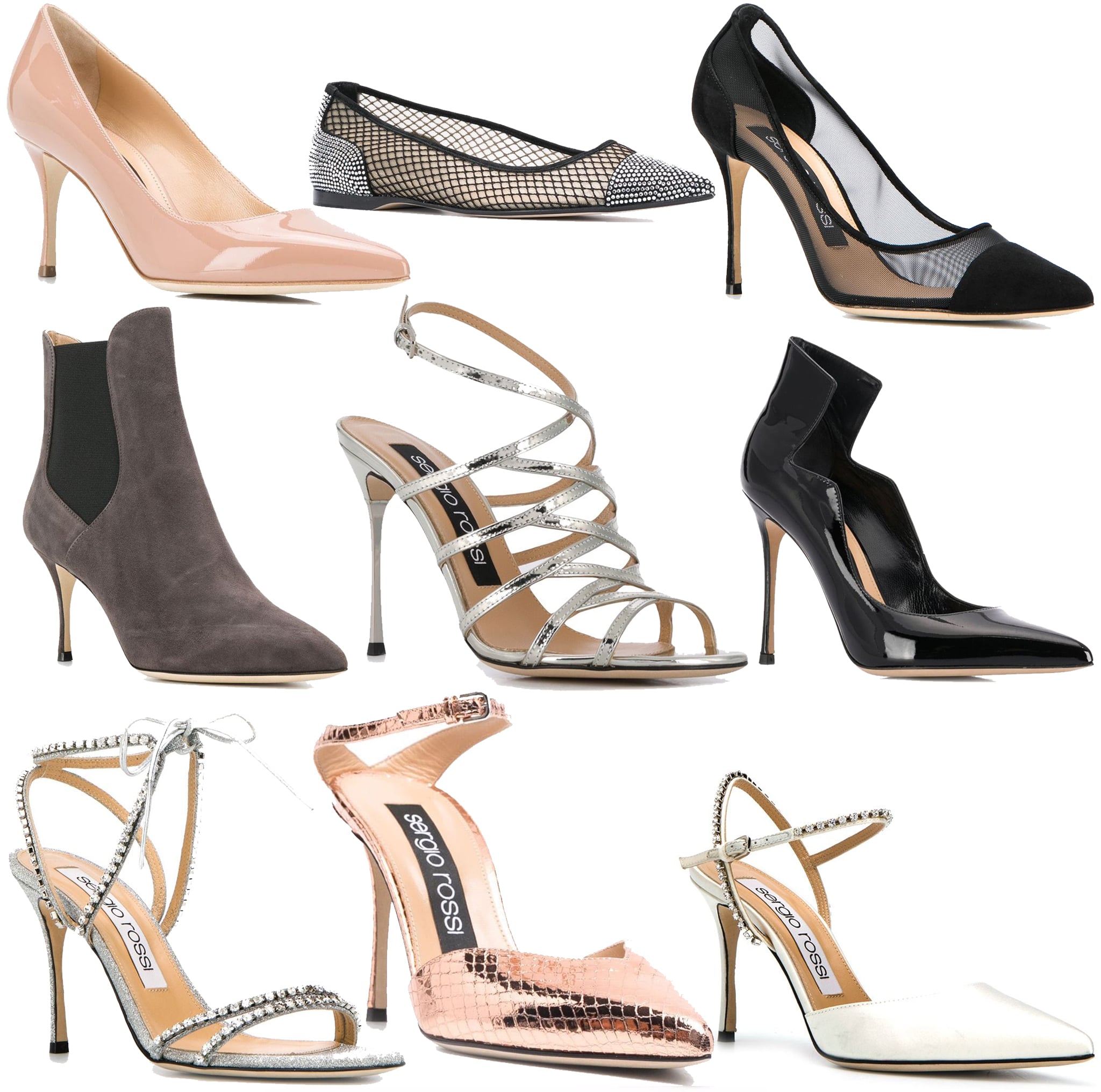 Sergio Rossi’s iconic Godiva pump is reimagined in multiple silhouettes and finishes—from sleek patent leather to metallic strappy sandals and crystal-embellished heels
