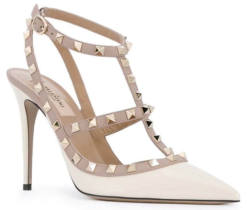 White patent Valentino Garavani Rockstud caged pumps with gold-tone pyramid studs