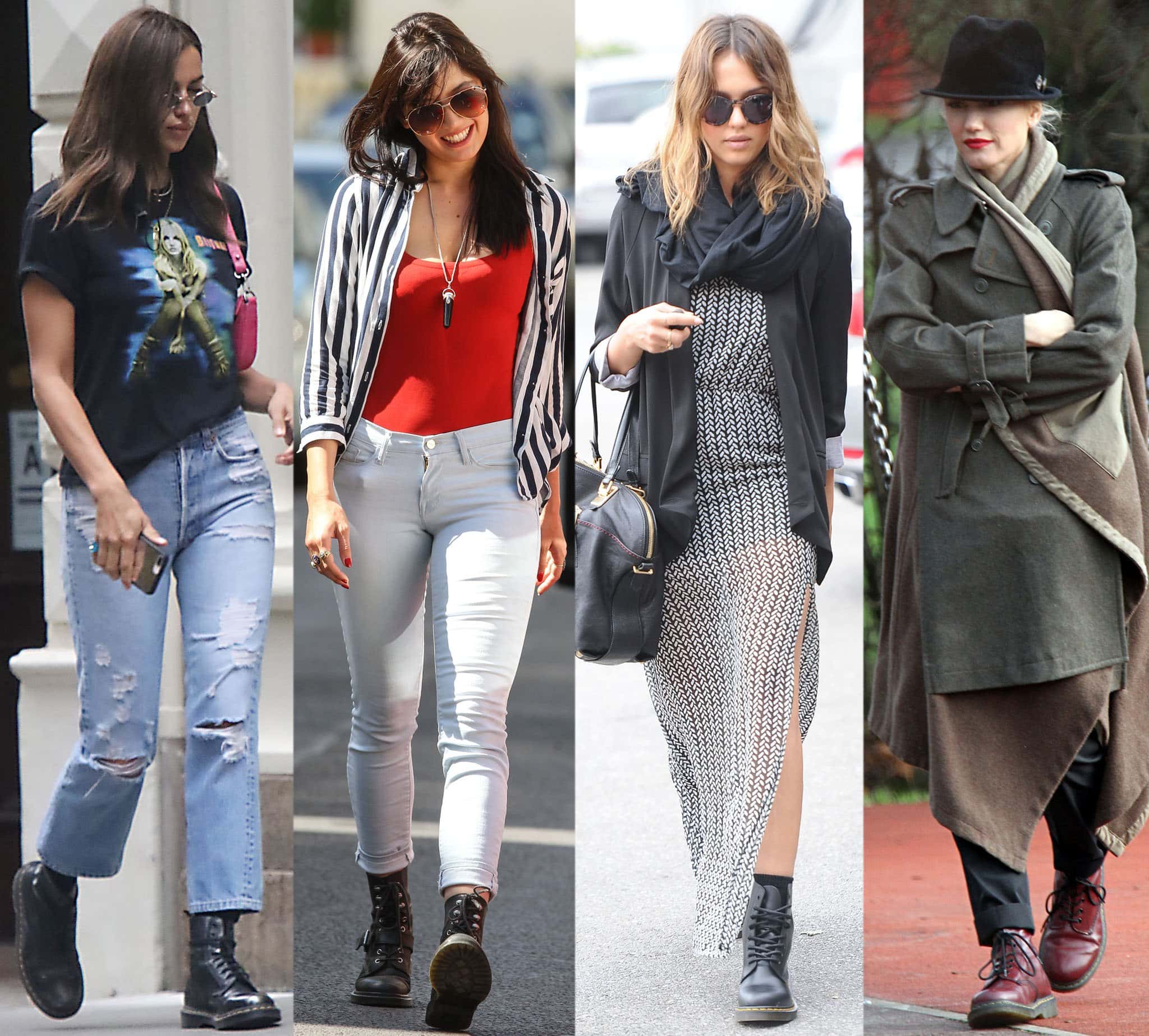 Irina Shayk, Daisy Lowe, Jessica Alba, and Gwen Stefani showcase the versatility of Dr. Martens—mostly classic black 1460s with Gwen’s burgundy pair—styled with ripped denim, skinnies, a printed maxi, and layered outerwear