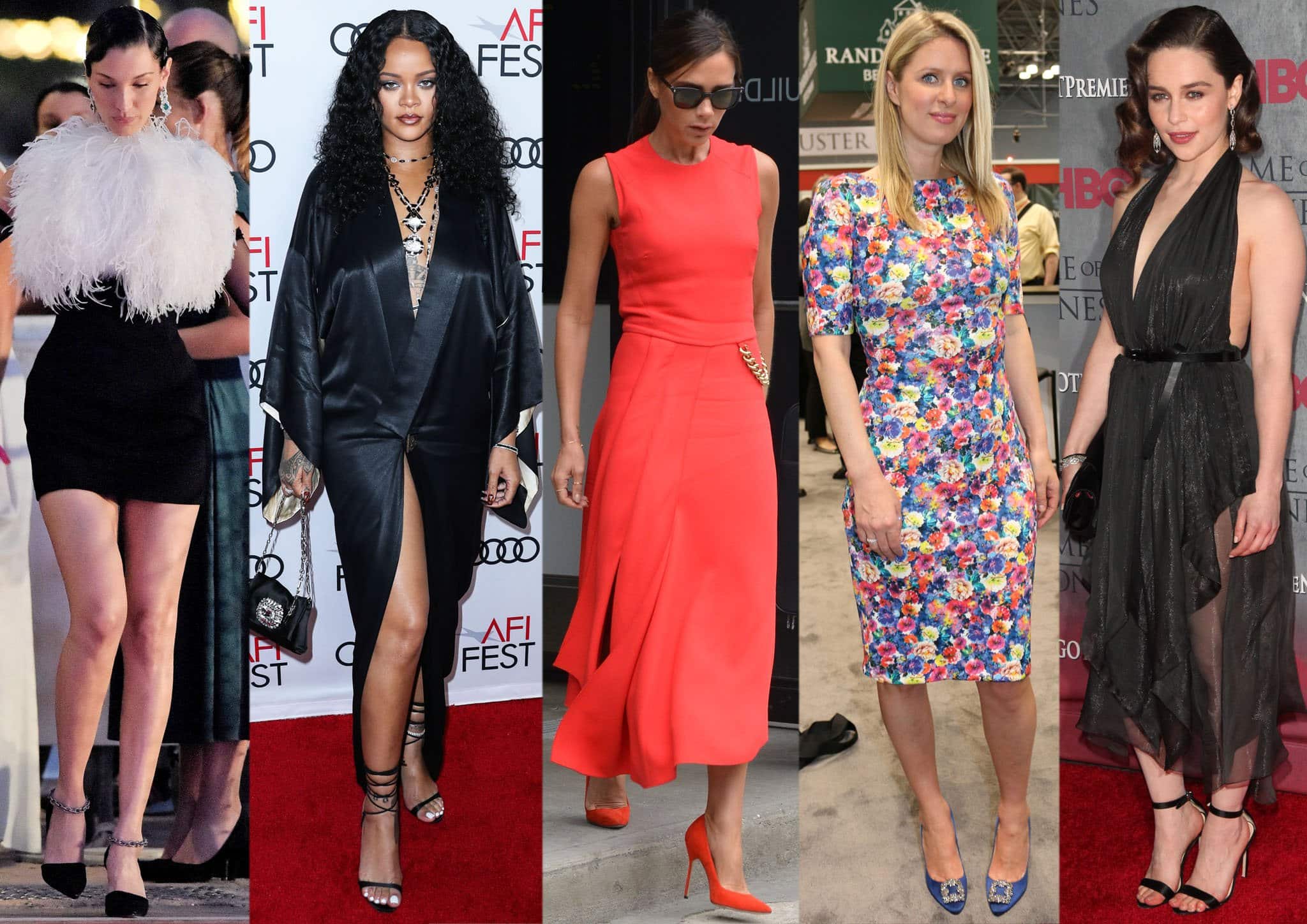 Bella Hadid, Rihanna, Victoria Beckham, Nicky Hilton, and Emilia Clarke elevate their looks with Manolo Blahnik shoes, pairing everything from strappy sandals to jewel-embellished pumps