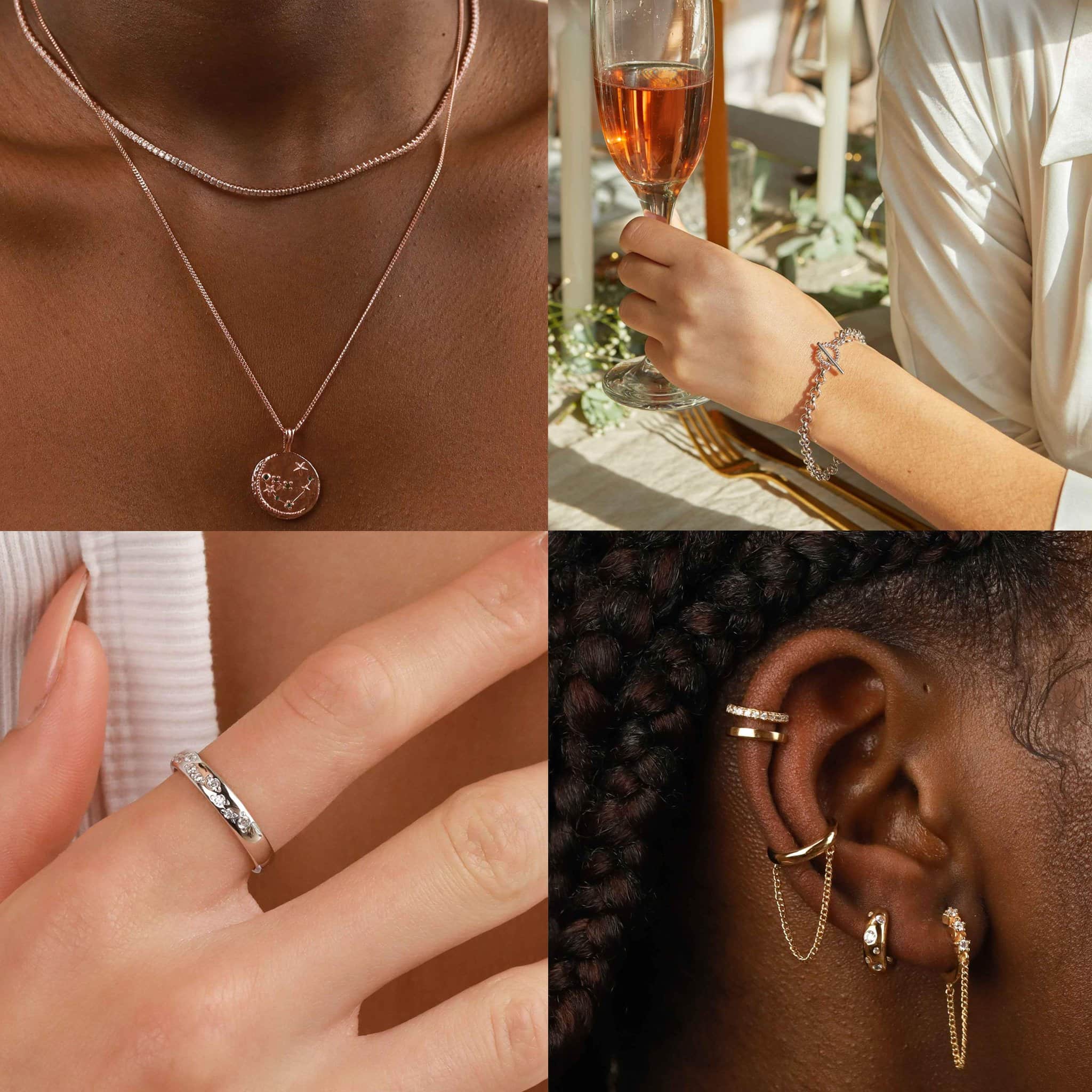 Astrid Miyu Zodiac Capricorn Pendant Necklace in Rose Gold, $124; Astrid Miyu Wreath T-Bar Chunky Bracelet in Silver, $77; Astrid Miyu Gleam Ring in Silver, $77; Astrid Miyu Twilight Chain Huggies in Gold, $77