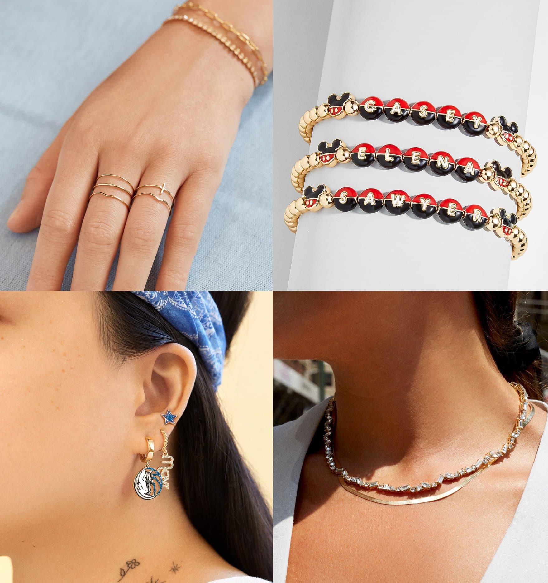 BaubleBar Quintet 18K Gold ring set, $62; BaubleBar Mickey Mouse Disney Custom Pisa bracelet, $40; Dallas Maverick earring set, $68; BaubleBar Femi Tennis necklace, $68