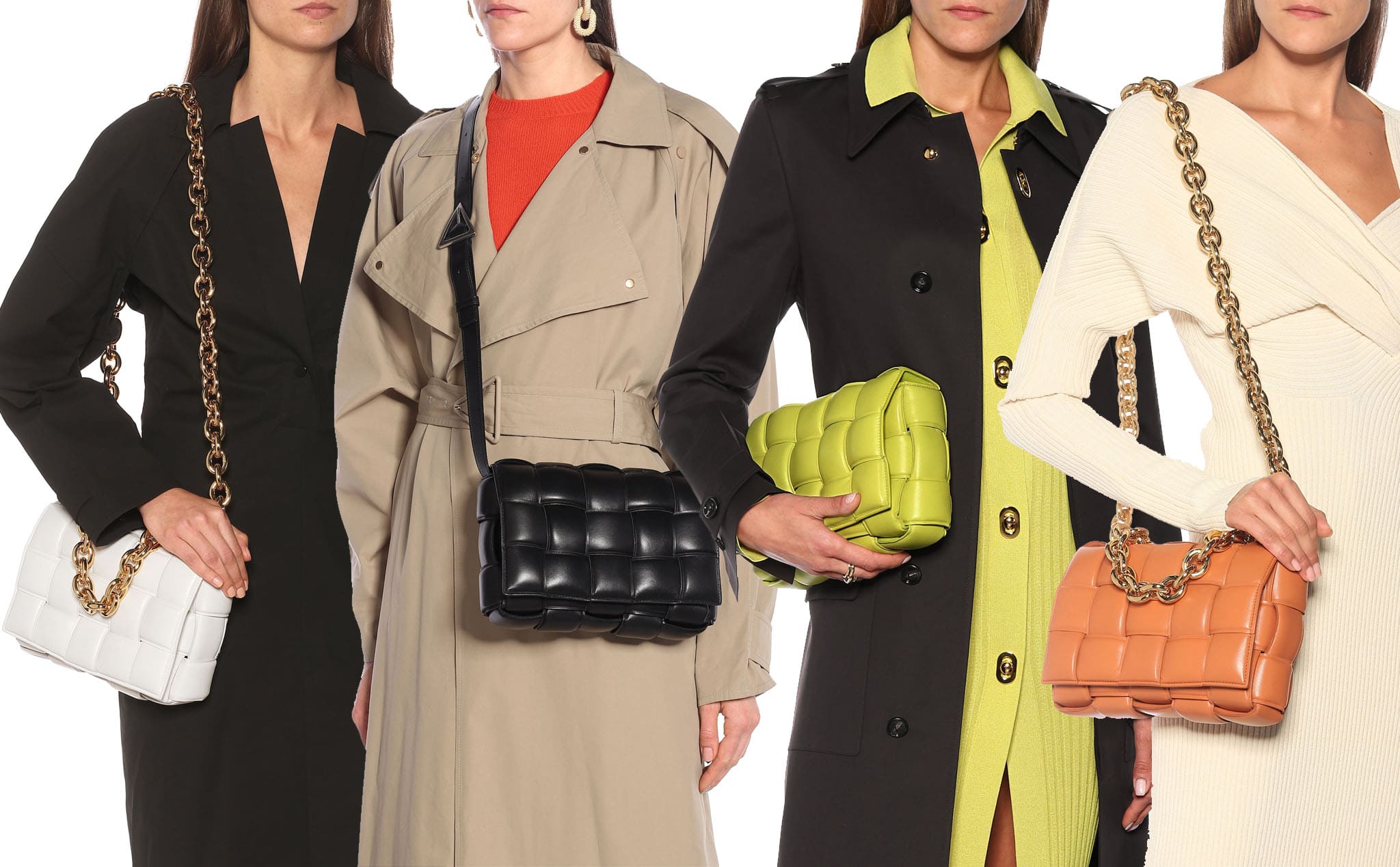 For an elevated look, you can find the Padded Casette with a galvanized, hypoallergenic golden-tone chain strap