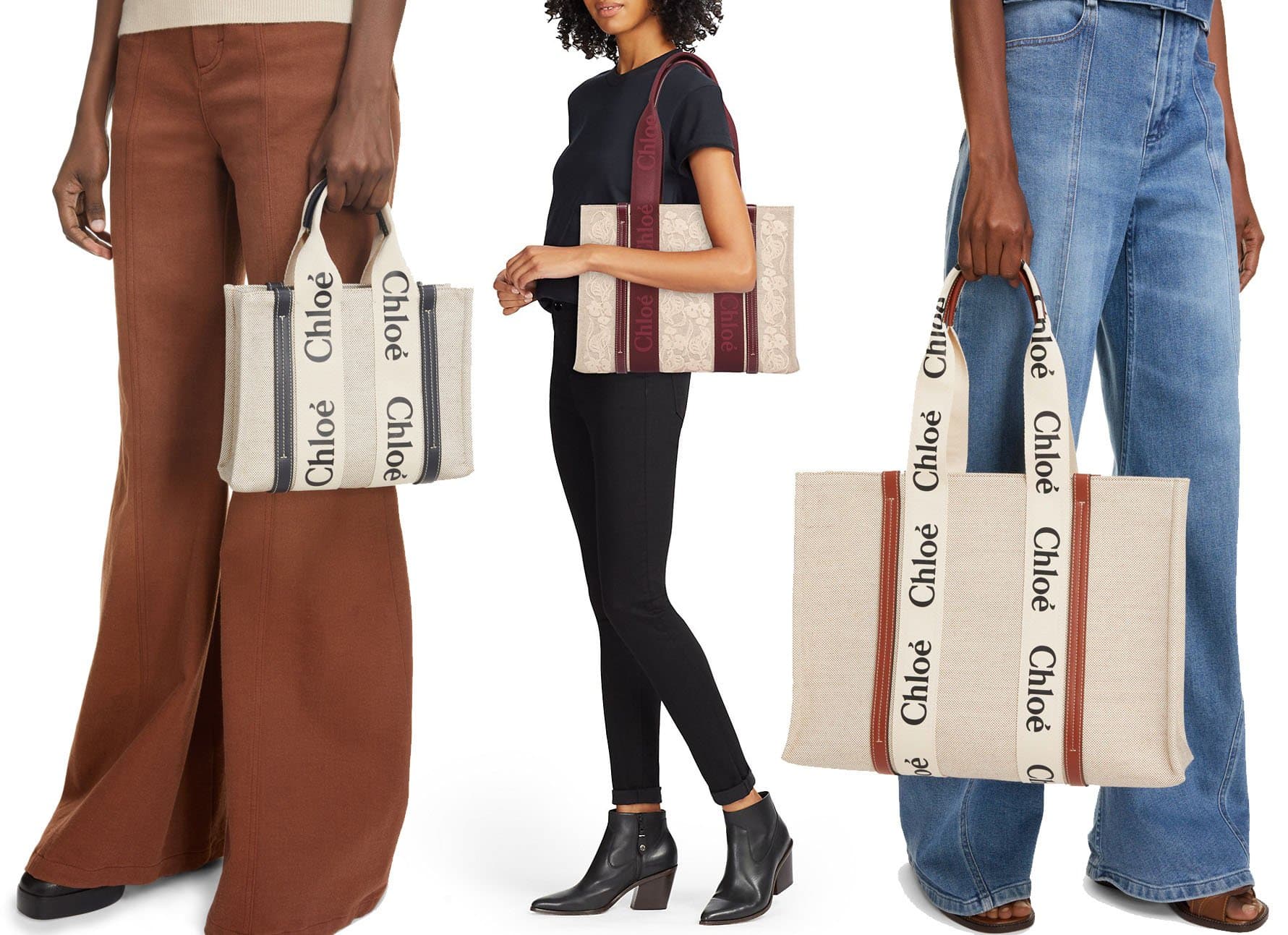 The Woody tote features a boxy silhouette and logo-adorned webbing straps