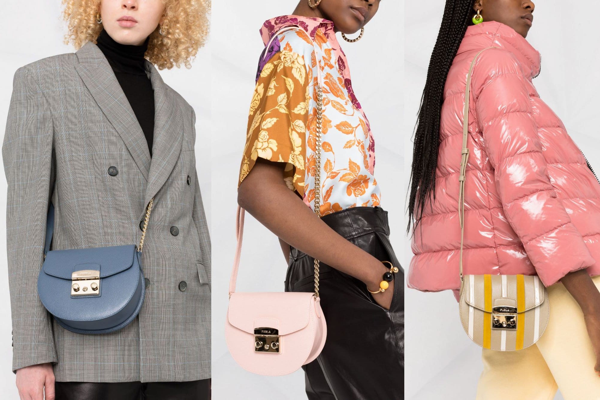 The Metropolis bag has a distinctive round shape and a chain-link leather panel crossbody strap