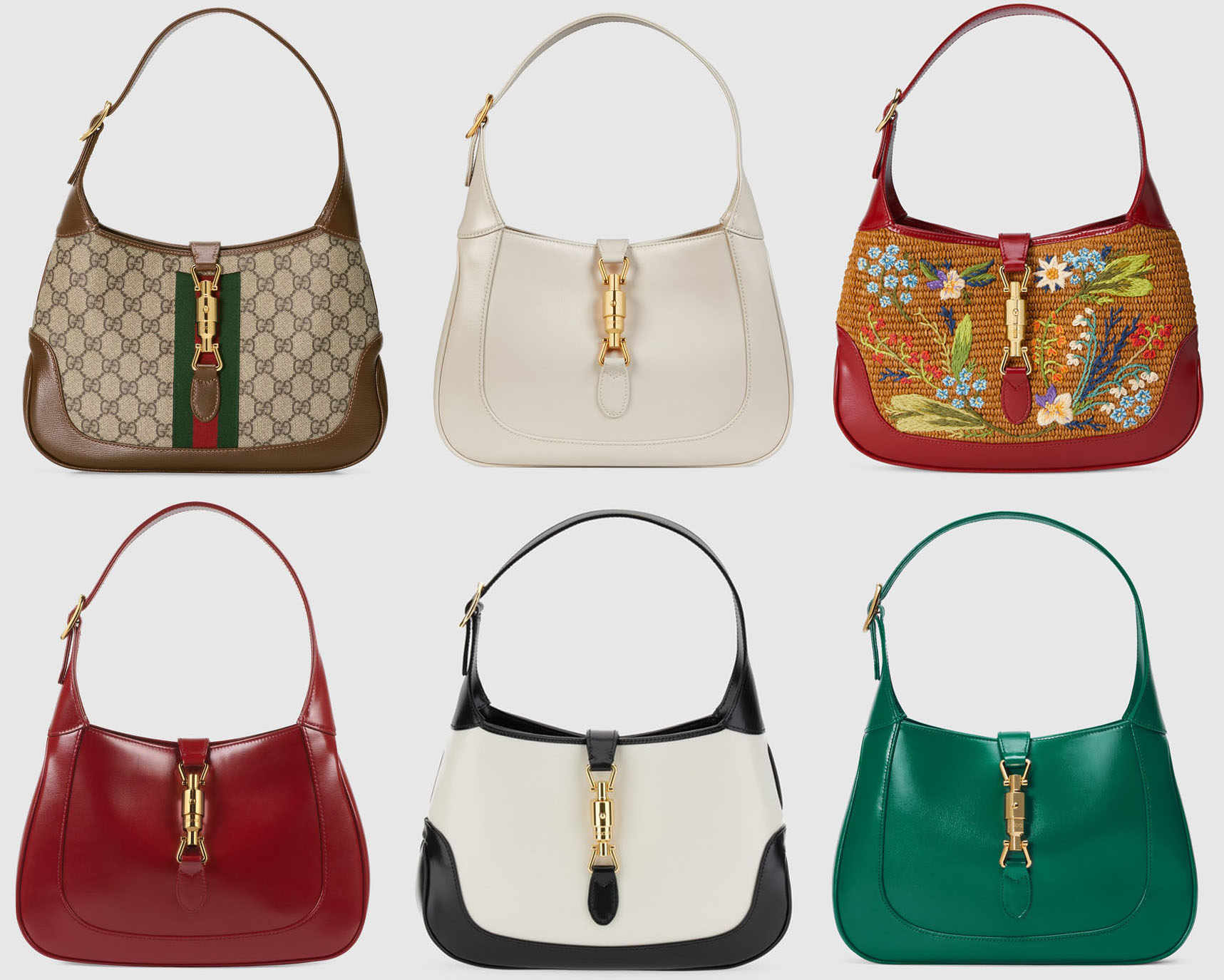 The Jackie 1961 shoulder bag is one of Gucci's most recognizable silhouettes, with curved half-moon shape and piston hardware closure