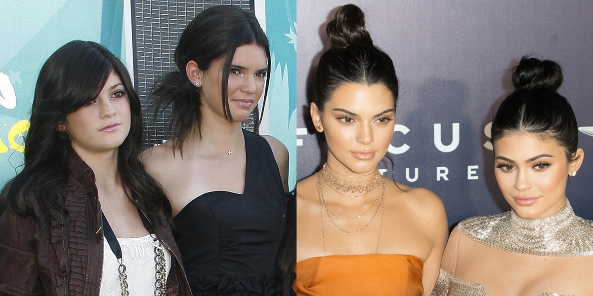 Kendall and Kylie Jenner pictured in their earlier years compared with a more recent red carpet moment, highlighting their ever-evolving beauty looks that they attribute to styling, makeup, and natural changes
