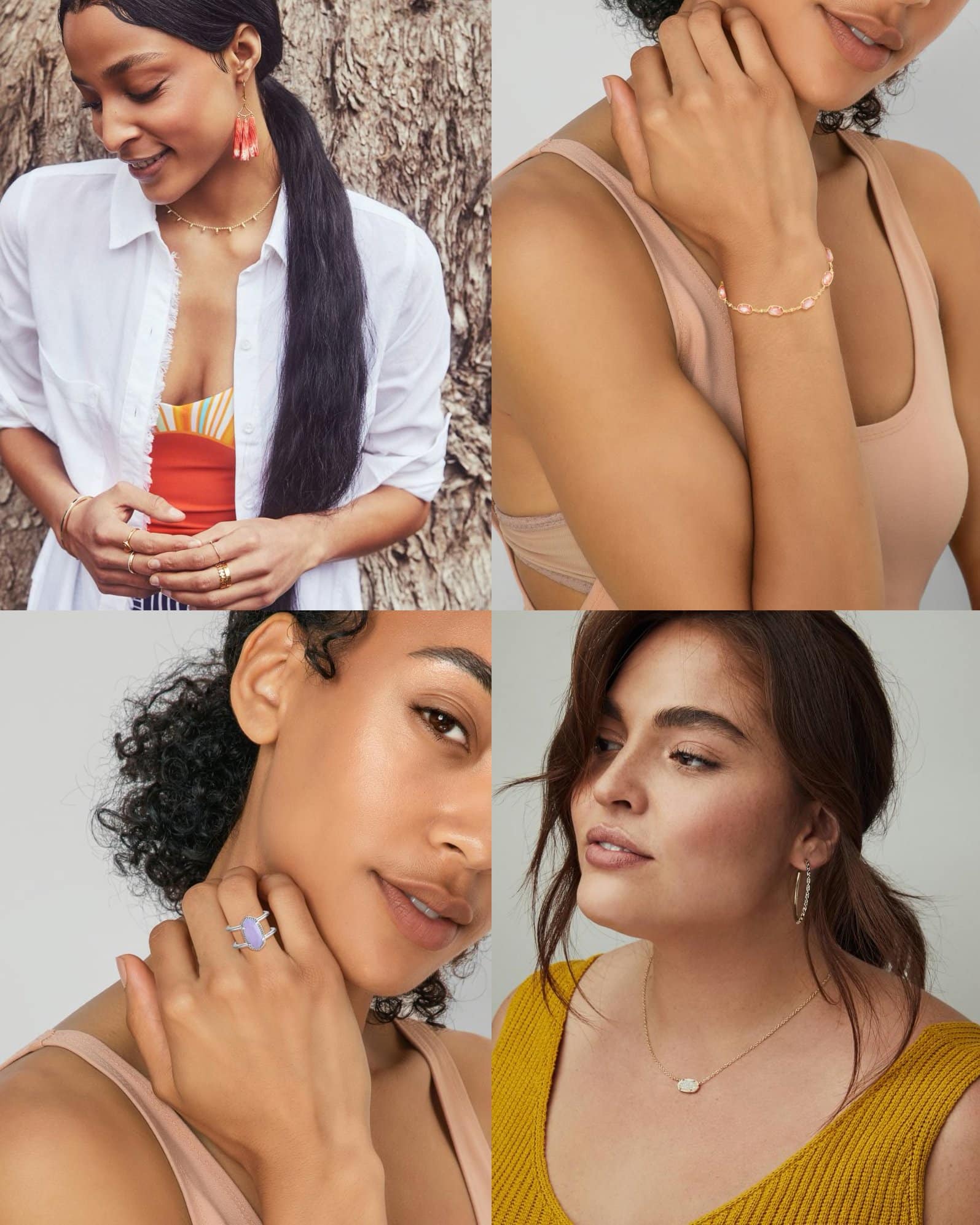 Kendra Scott Layton Gold Statement Earrings in Red Oyster, $128; Kendra Scott Emilie Gold Chain Bracelet in Rose Mother of Pearl, $68; Kendra Scott Elyse Double Band Ring in Matte Iridescent Lilac Glass, $60; Kendra Scott Elisa Silver Pendant Necklace in Iridescent Drusy, $68