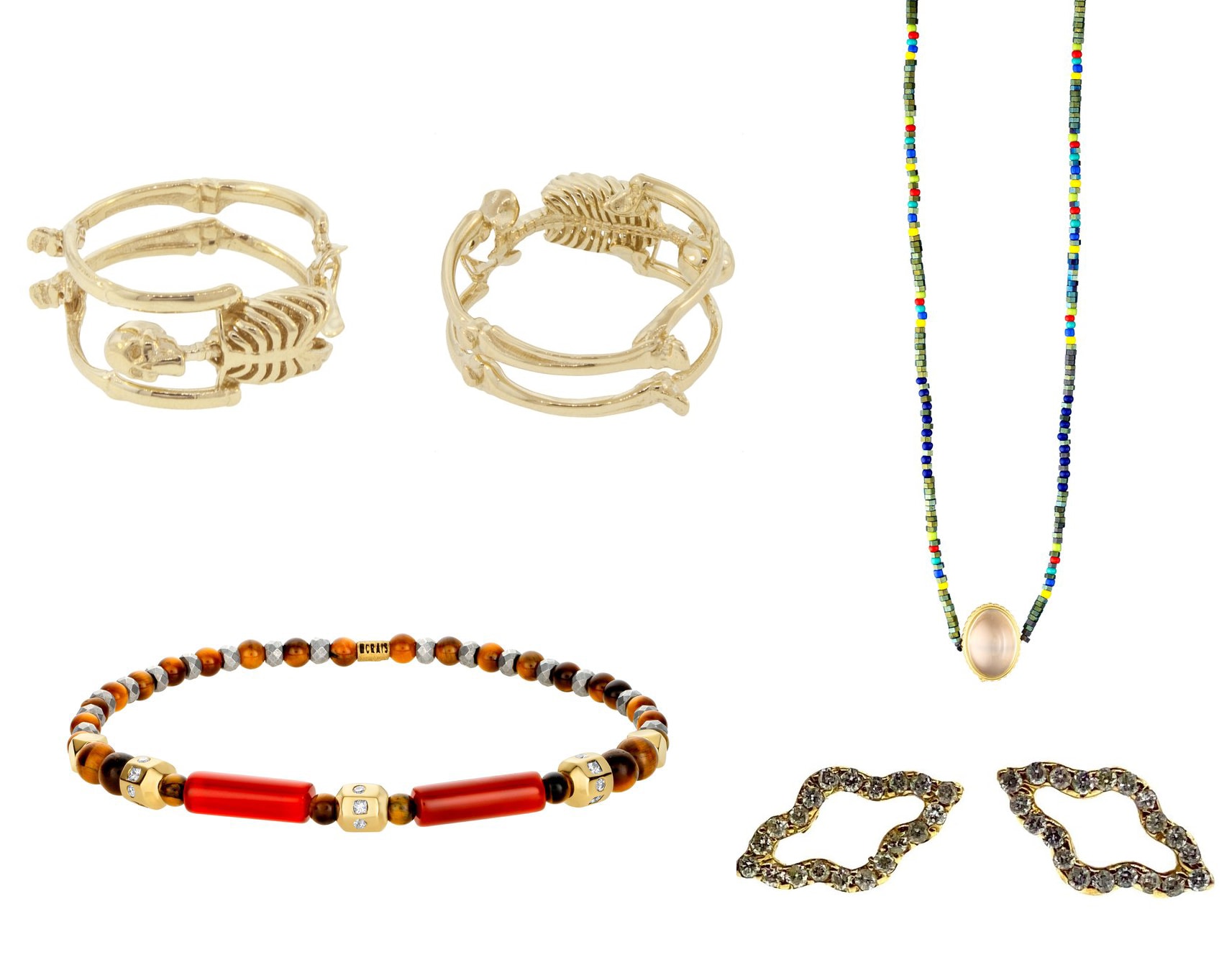 Luis Morais Yellow Gold Skeleton ring, $1,680; Luis Morais Earth/Air Symbol with Labradorite Cabochon on beaded necklace, $690; Gold Ocatagon with White Diamonds on Gemstone Beaded bracelet, $1,910; Small Yellow Gold P4 Stud with White Diamonds earrings, $1,582