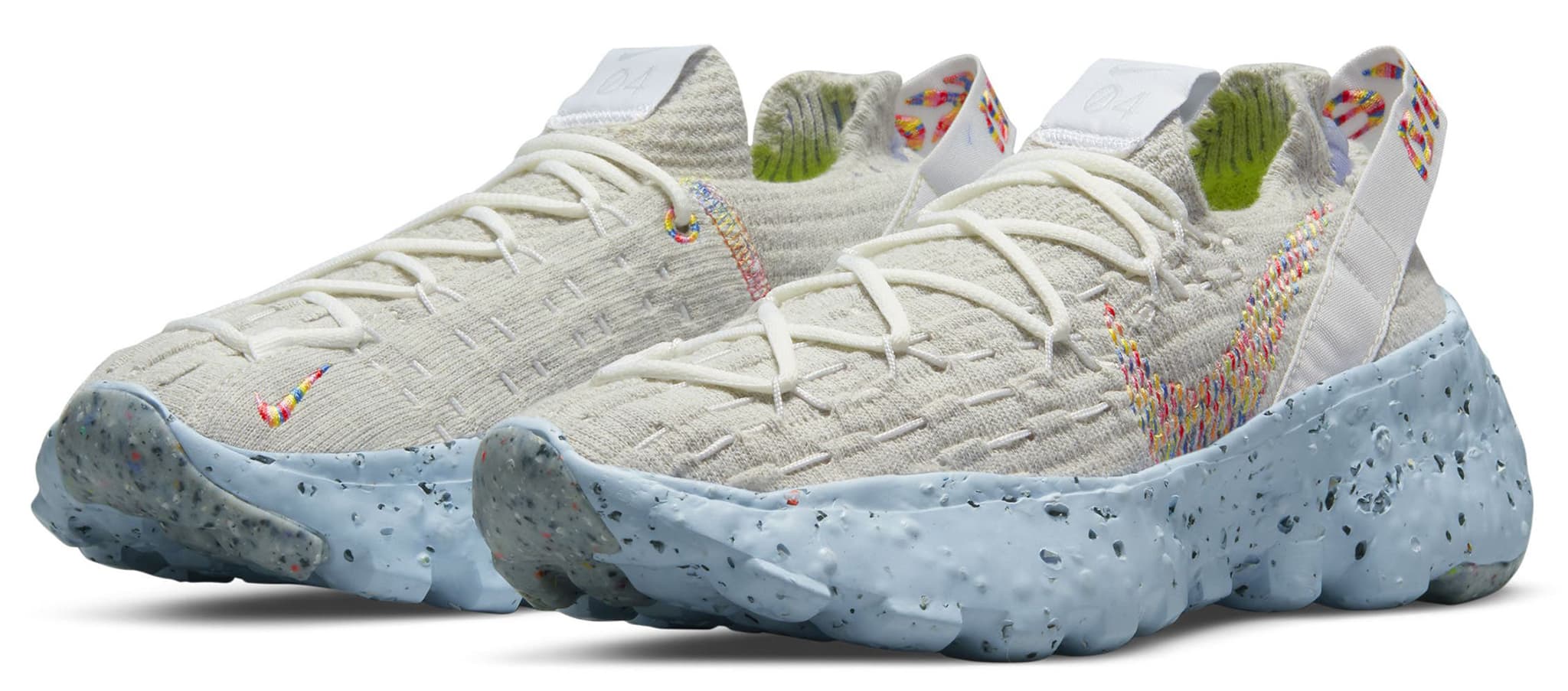 The Nike Space Hippie 04 combines a recycled knit upper, multicolor stitched Swoosh logos, and a speckled Crater Foam midsole made with Nike Grind materials
