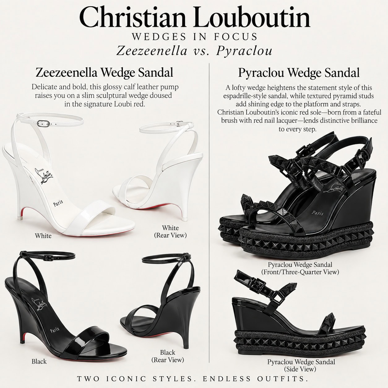 Christian Louboutin Zeezeenella wedge sandals in white and black compared with black Pyraclou studded espadrille wedges