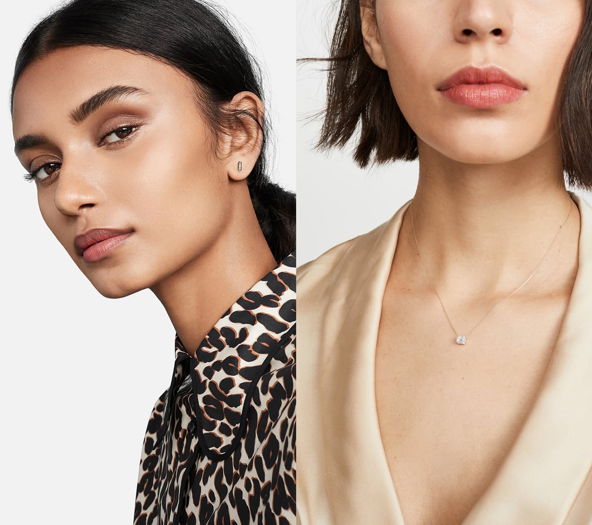 Models wearing 14k baguette bar post earrings and a 14k yellow gold necklace by Los Angeles native Adina Reyter