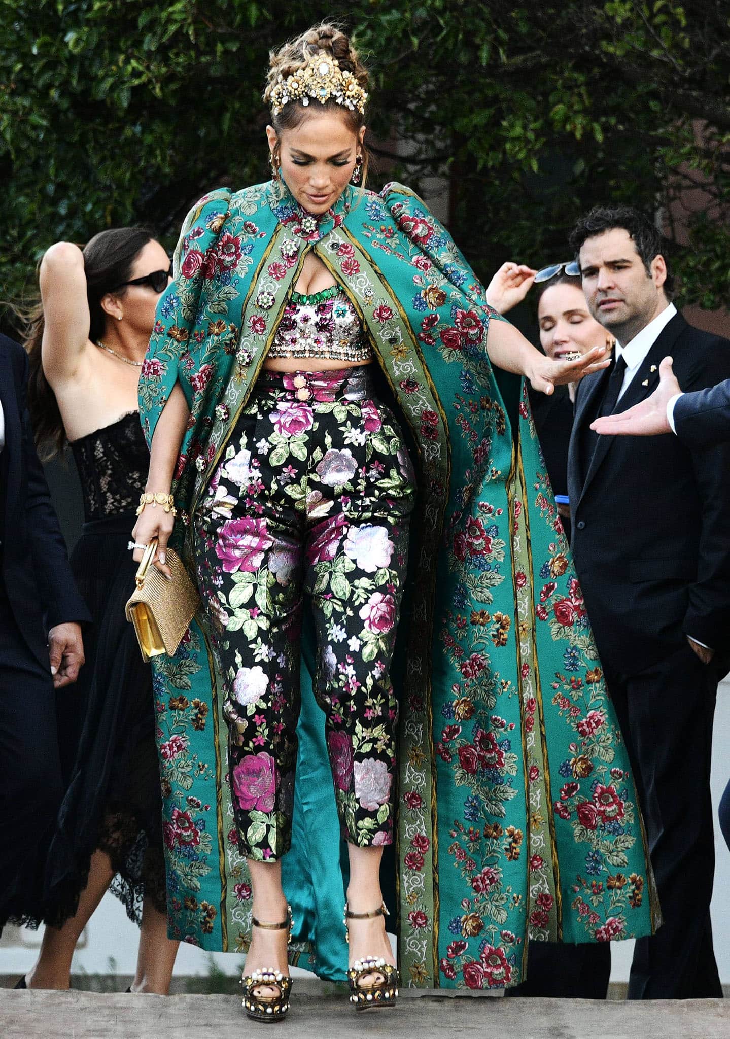 Jennifer Lopez leaving Hotel San Clemente en route to Piazza San Marco for Dolce Gabbana's Venice Alta Moda fashion show in Italy on August 29, 2021