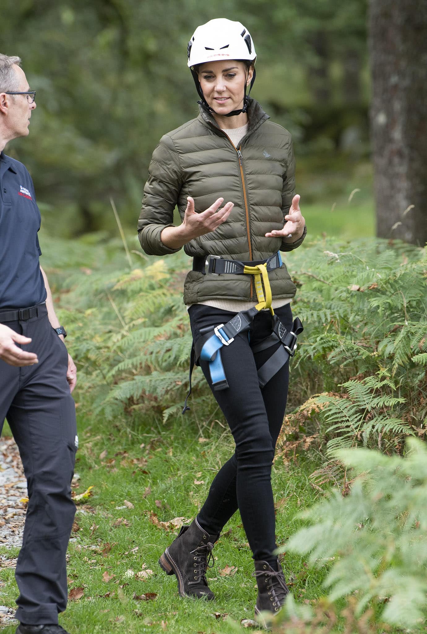 Kate Middleton pairs a Seeland Hawker pine green puffer jacket with fitted black jeans and her rugged See by Chloé brown lace-up ankle boots for an adventurous day outdoors
