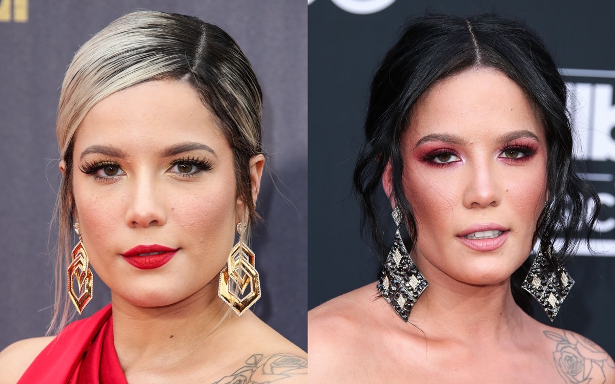 Halsey makes a bold statement with Lorraine Schwartz earrings, effortlessly transitioning from geometric gold designs at the MTV Movie TV Awards to intricate black diamond chandeliers at the Billboard Music Awards