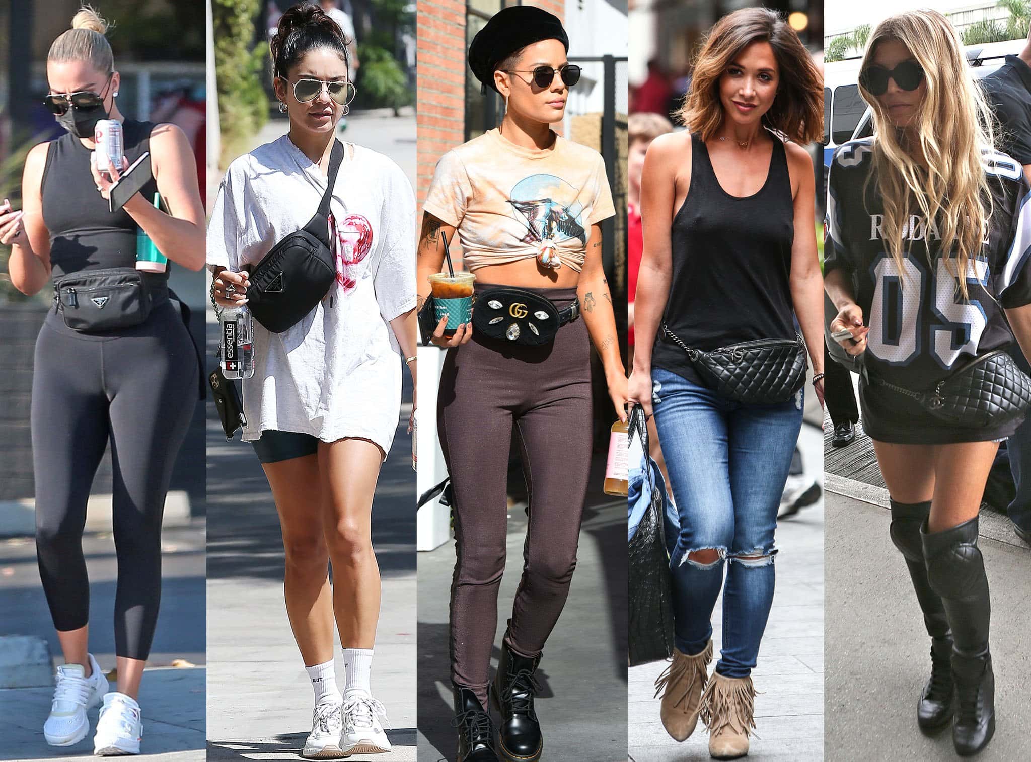 Khloé Kardashian, Vanessa Hudgens, Halsey, Myleene Klass, and Fergie showcase versatile ways to style belt bags, proving their appeal across casual and chic looks