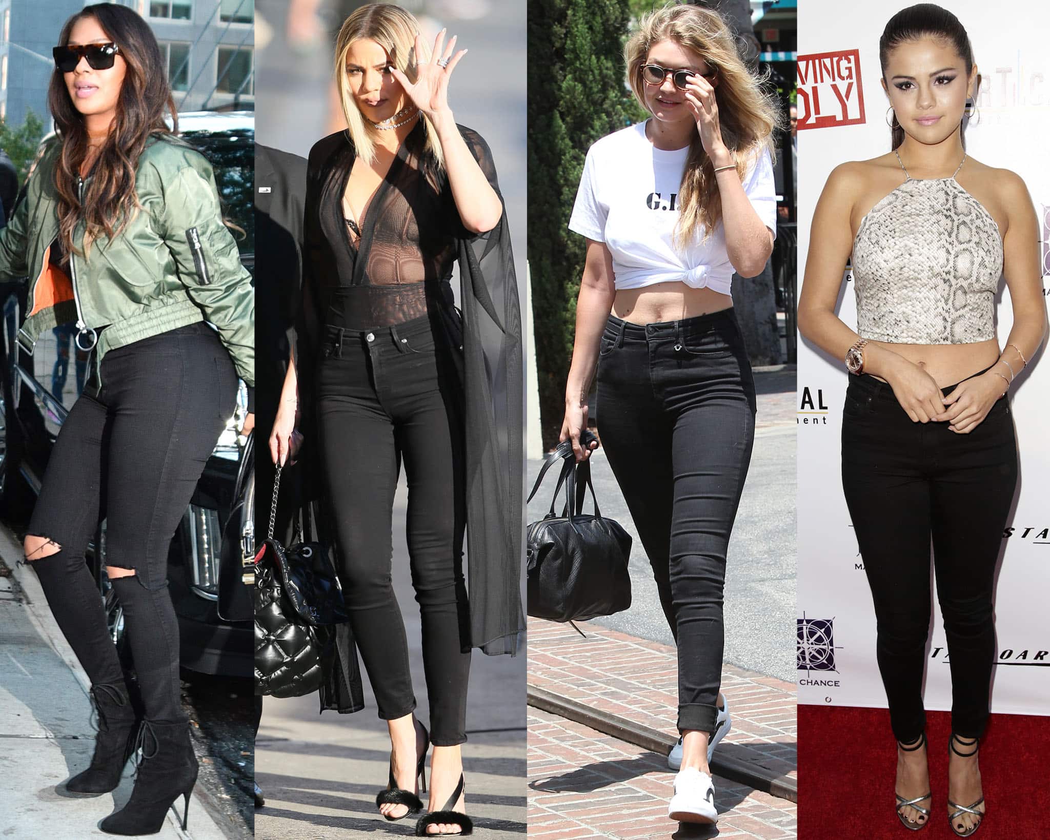 Style Icons in Black Denim: Kim Kardashian, Khloé Kardashian, Gigi Hadid, and Selena Gomez showcase the versatility and allure of black skinny jeans