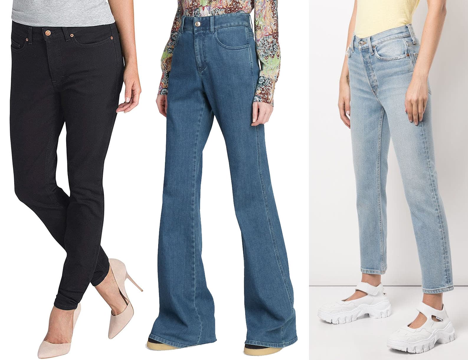 Dickies Perfect Shape denim jeans - skinny stretch, Chloe flared high-waisted stretch denim jeans, and Re/Done Comfort Stretch cropped jeans