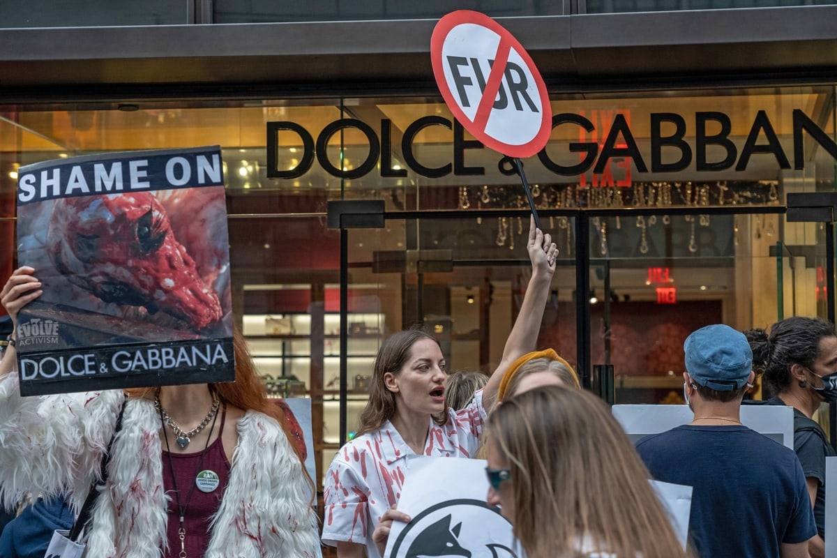 Animal rights activists during an Anti-Fur March in front of the Dolce Gabbana store on Fifth Avenue in New York City