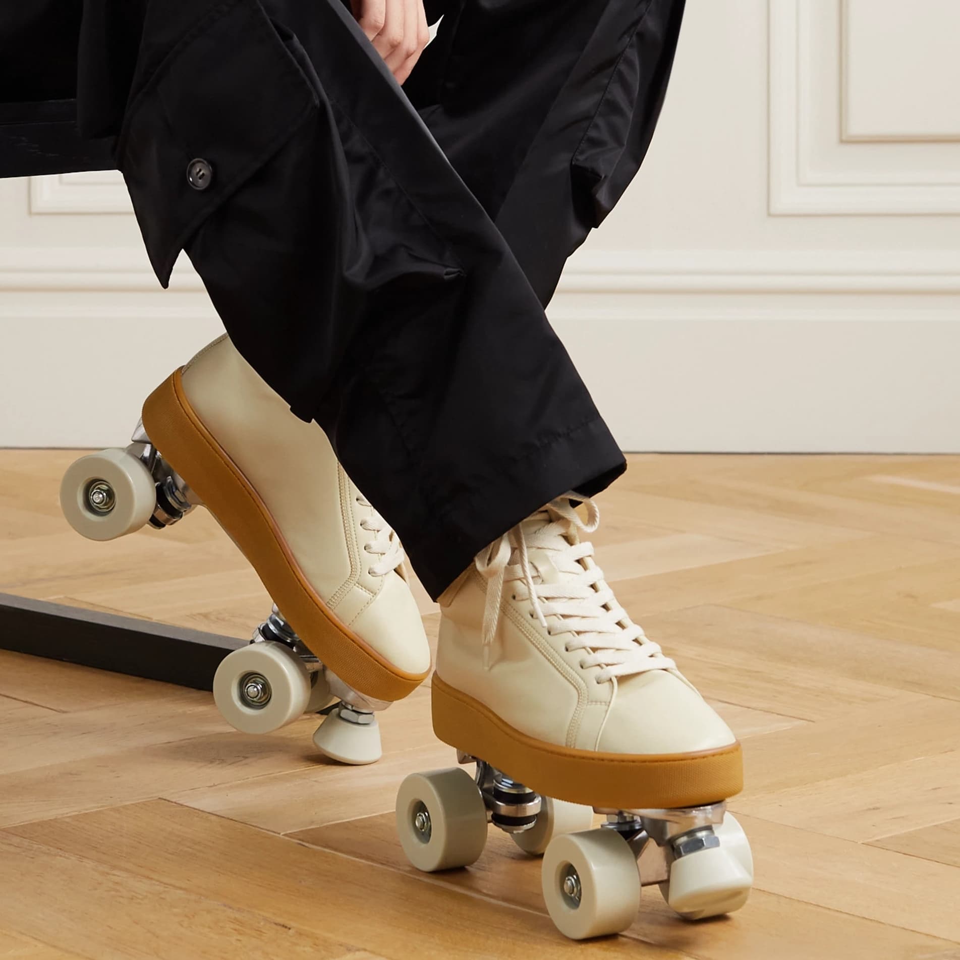Bottega Veneta’s beige “The Quilt” lace-up leather roller skates showcase the house’s signature craftsmanship, handmade at the brand’s Italian atelier