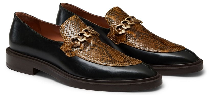 These Fratelli Rossetti loafers have chain detail on the python-printed vamps