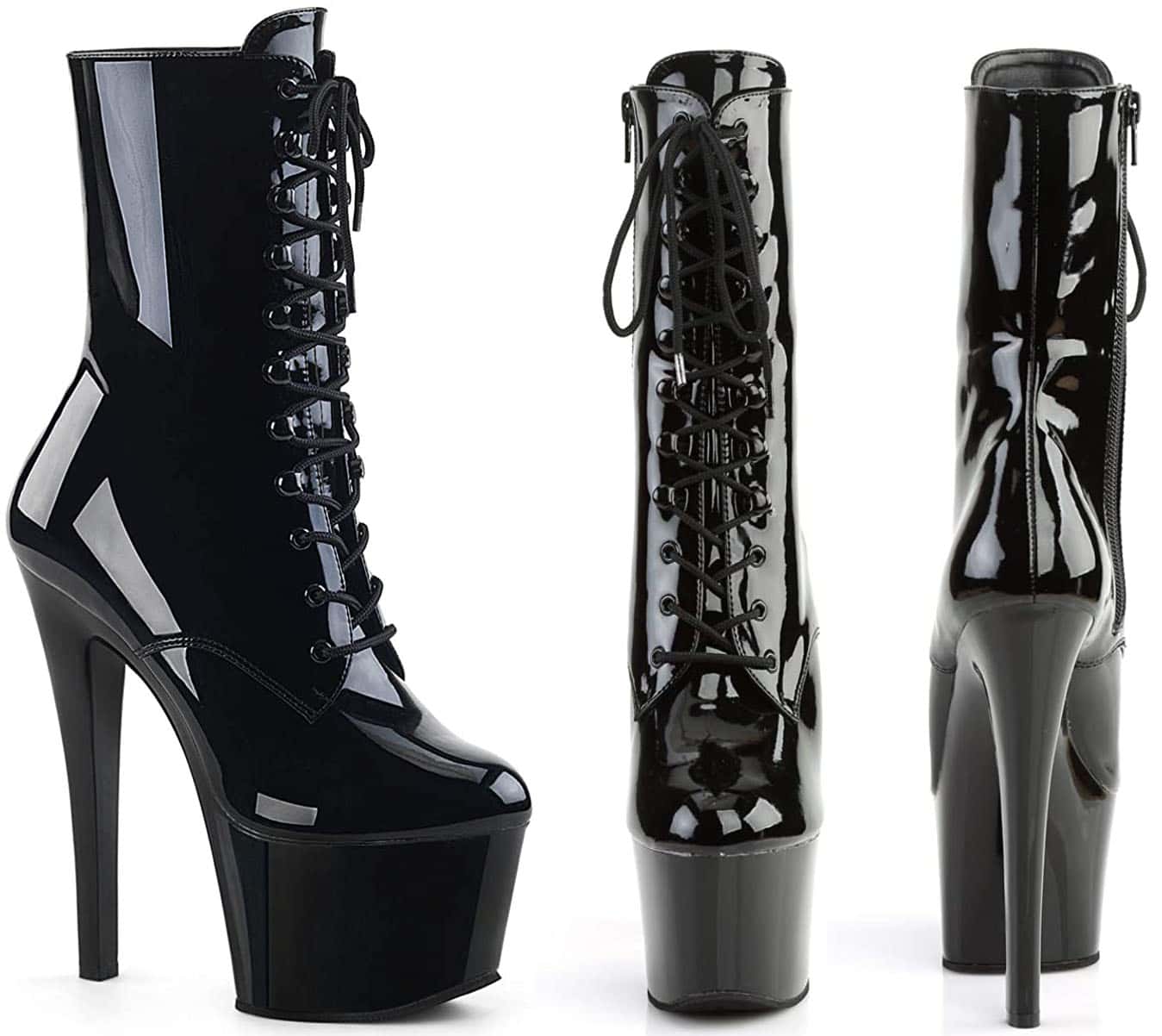 Pleaser’s Xtreme-1020 boots feature glossy black patent uppers, lace-up fronts, towering platforms, and sharply pitched stiletto heels