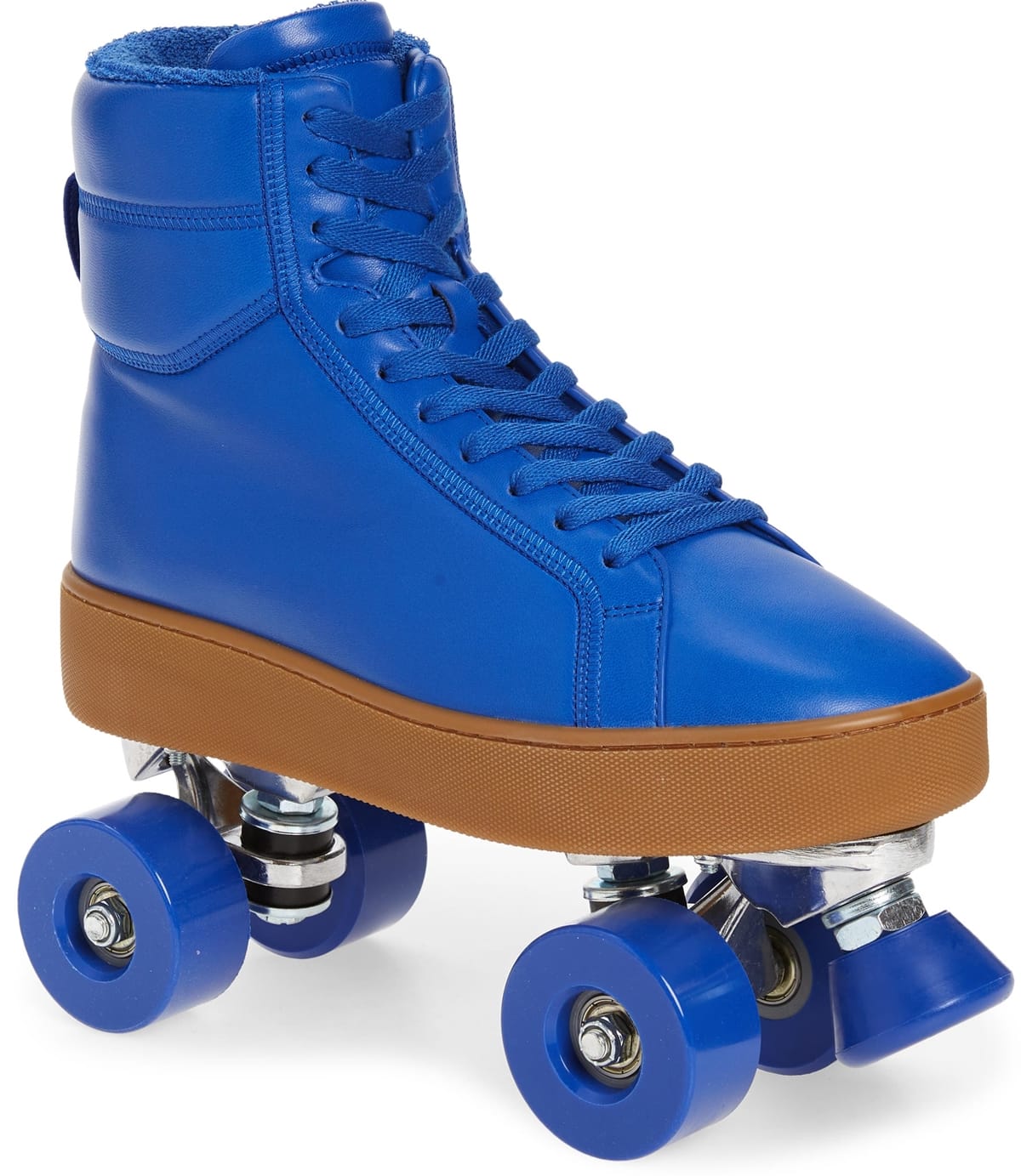 Bottega Veneta’s cobalt-blue “The Quilt” roller skates feature a quilted leather high-top boot set on a gum sole and classic quad-wheel base