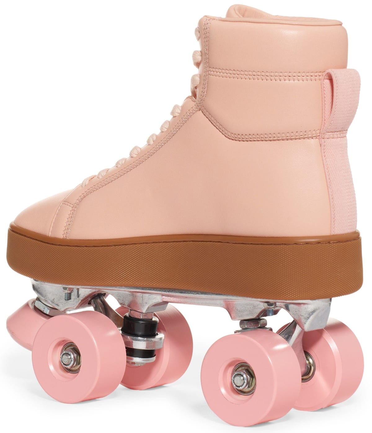 The pink version of Bottega Veneta’s “The Quilt” roller skates features a sleek leather high-top boot set on a gum sole with matching quad wheels