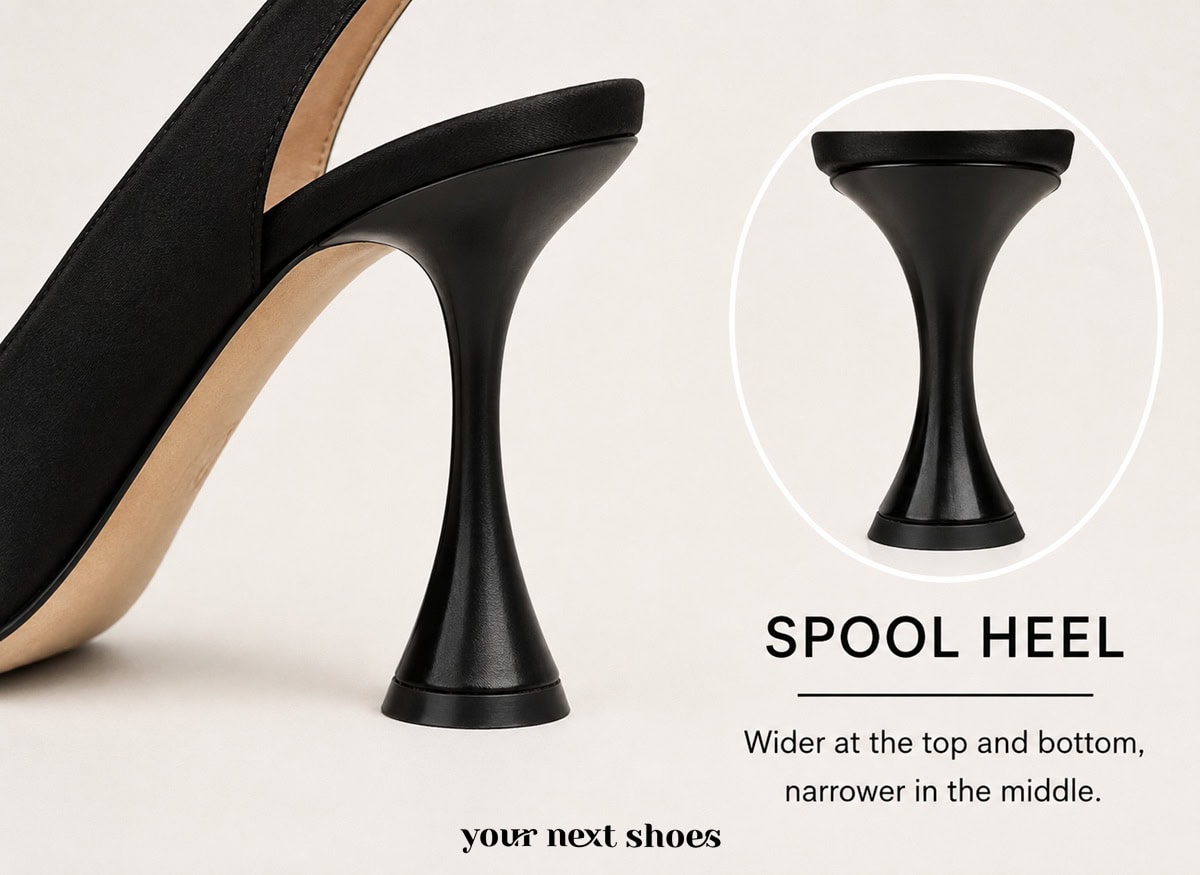 Black spool heel showing its wide top and base and narrow hourglass-shaped middle
