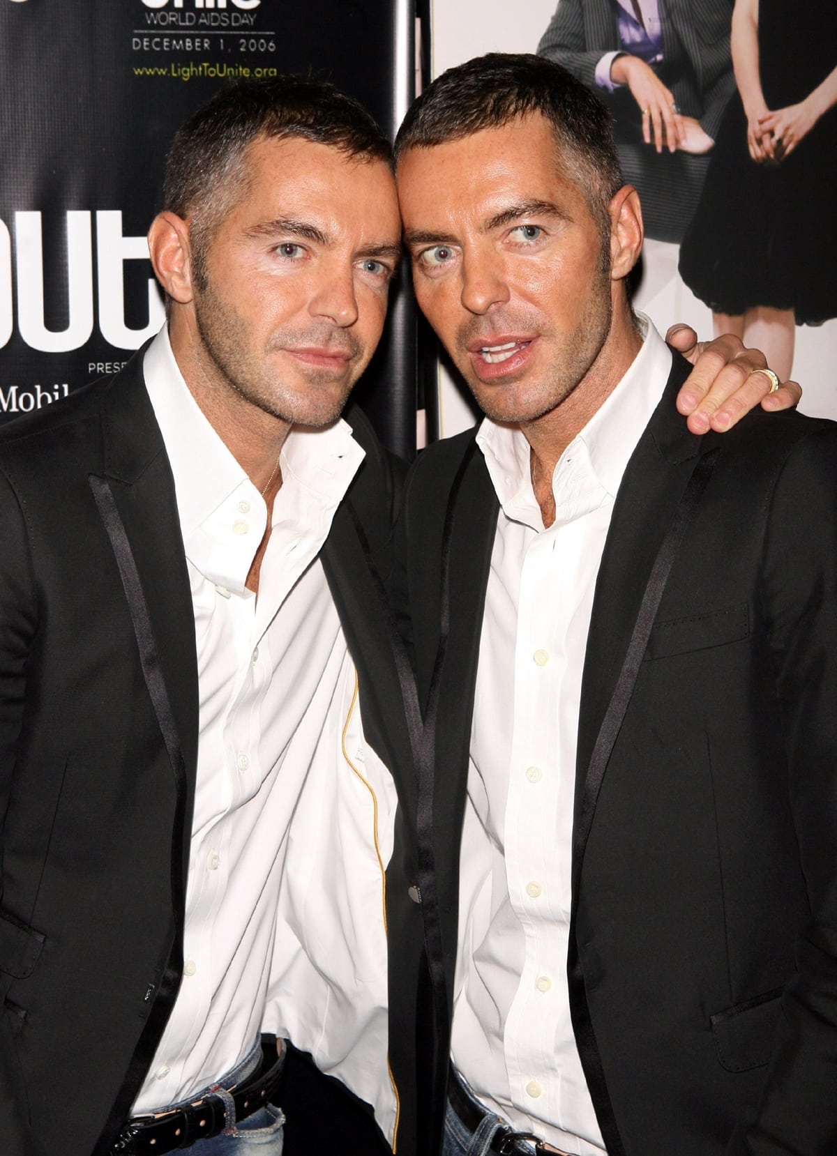 Designers Dean and Dan Caten of Dsquared² attend the Out 100 Awards in New York City on November 10, 2006, celebrating the 100 most influential people in gay culture, dressed in their signature sleek black blazers over crisp white shirts with a modern edge