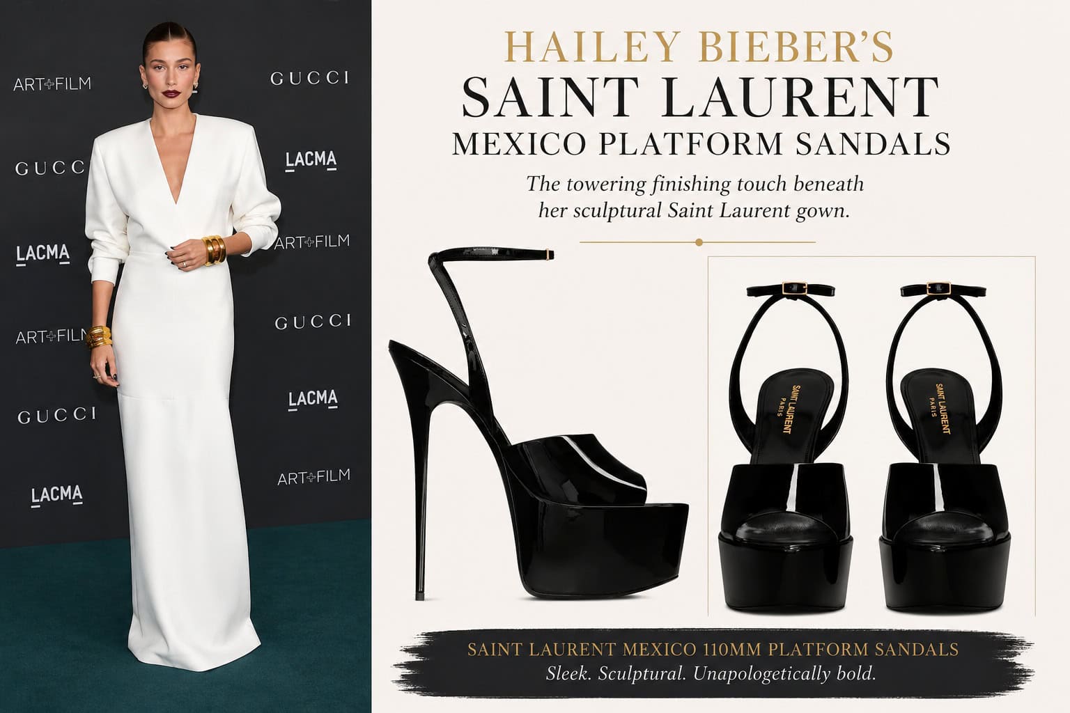 Hailey Bieber’s hidden footwear choice at the 2021 LACMA Art + Film Gala was a pair of towering black Saint Laurent Mexico 110mm patent platform sandals that added dramatic height and balanced the sculptural proportions of her minimalist white gown