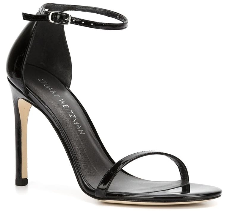 Classic Stuart Weitzman leather heels with open toes, ankle straps, and stiletto heels