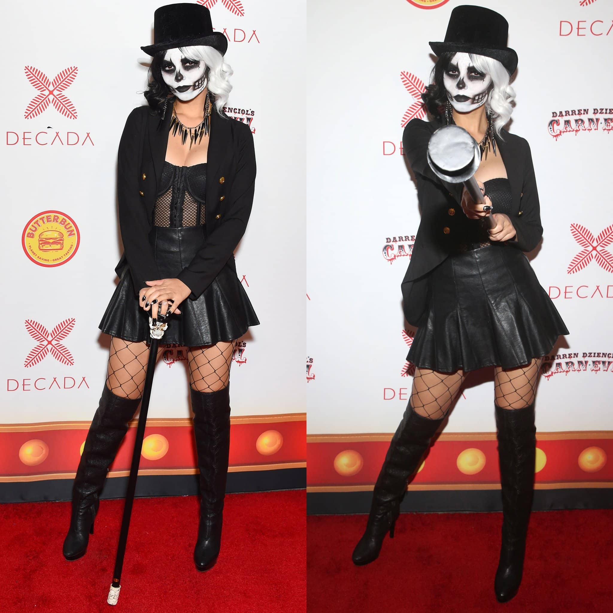 Victoria Justice gives the classic skeleton costume a sultry twist in a black mesh corset, leather A-line mini skirt, and structured blazer, finishing the look with fishnet tights and sleek black thigh-high leather boots that add dramatic height and edge to the gothic ensemble