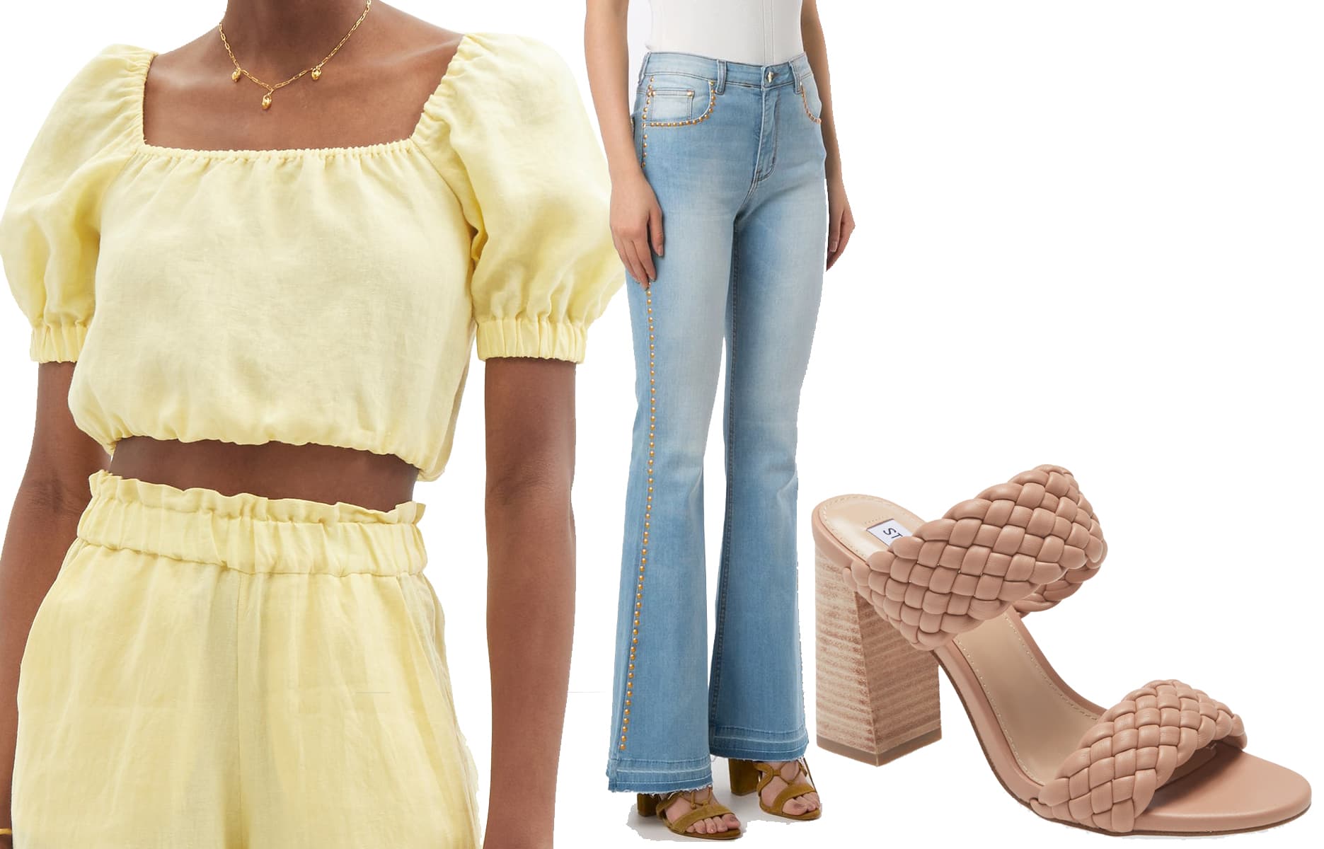 Casa Raki’s Siena cropped linen top and Amapo’s flared denim trousers with stud details create a playful yet polished silhouette, perfectly elevated by Steve Madden’s woven Tielo block-heel sandals