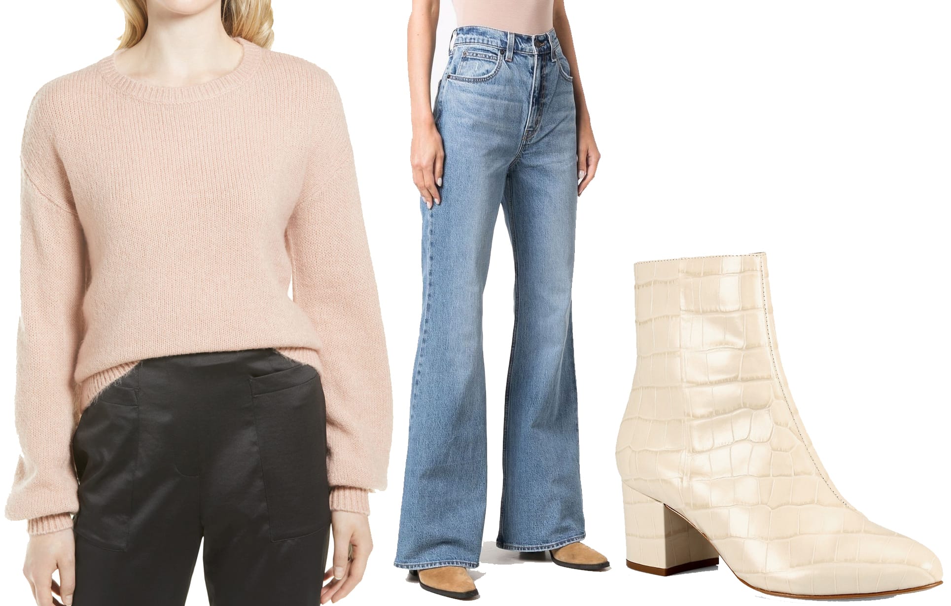 Halogen’s cozy crewneck sweater pairs effortlessly with Levi’s flared high-rise jeans and Schutz’s Lupe croc-embossed leather booties for a balanced look that blends comfort, structure, and height