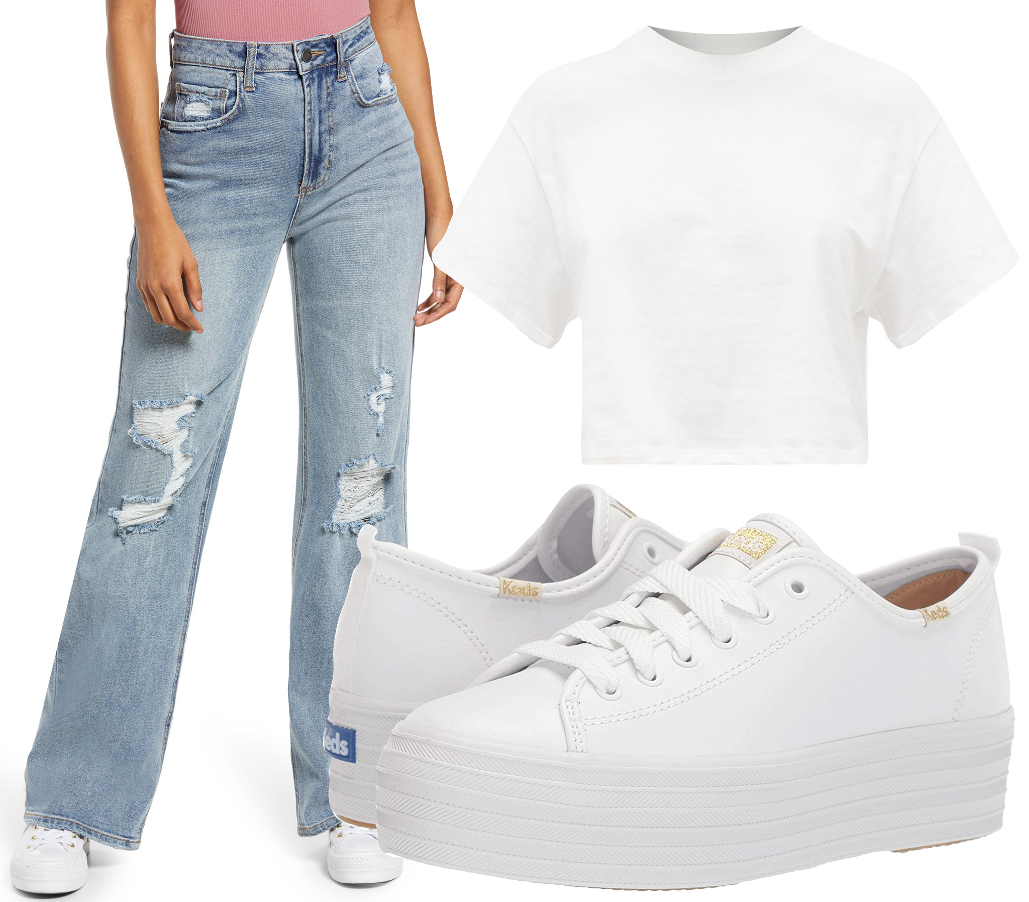 Casual chic: Distressed high-waist jeans paired with a cotton-jersey tee and leather sneakers