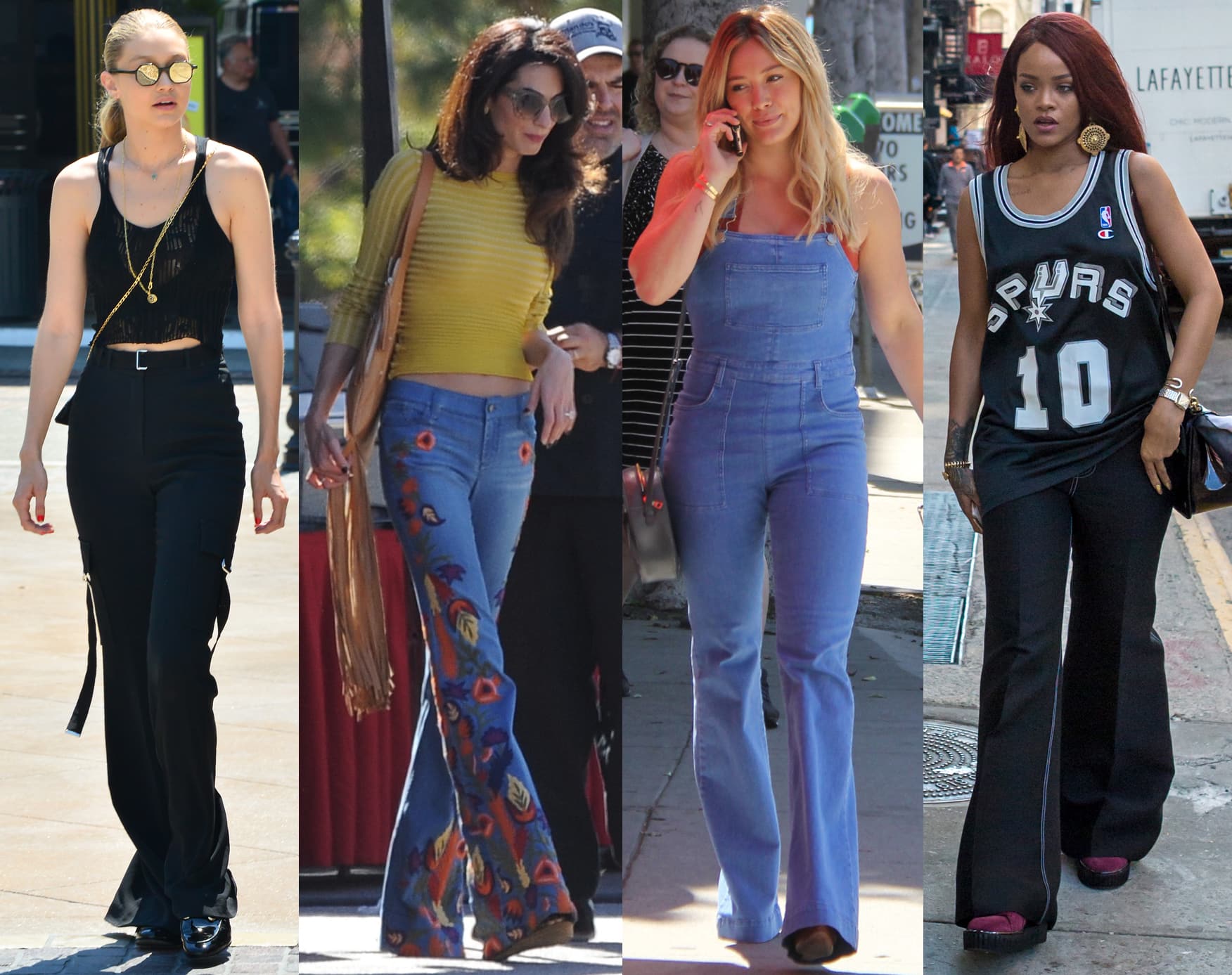 Gigi Hadid, Amal Clooney, Hilary Duff, and Rihanna each bring their unique flair to flared or bell-bottom jeans, styling them with everything from sleek tanks to sporty jerseys and embroidered denim