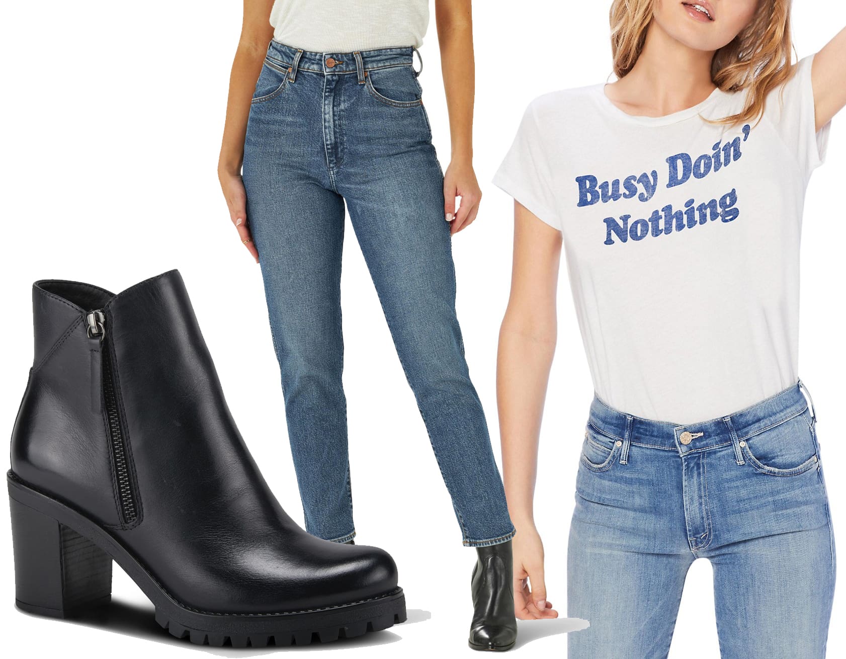This effortlessly cool outfit pairs high-waisted mom jeans with a casual graphic tee and stylish black ankle boots, perfect for a laid-back yet trendy look