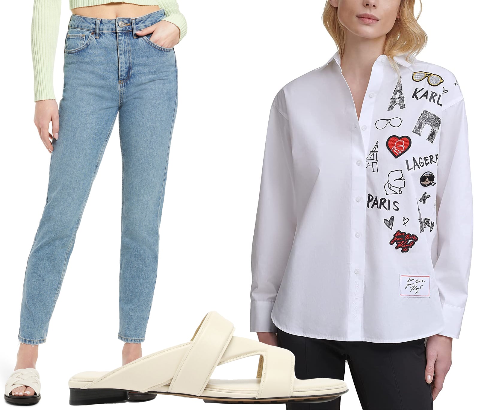 This stylish and sophisticated look combines high-waisted mom jeans, a chic Karl Lagerfeld graphic shirt, and elegant cream sandals, perfect for a polished yet casual outfit