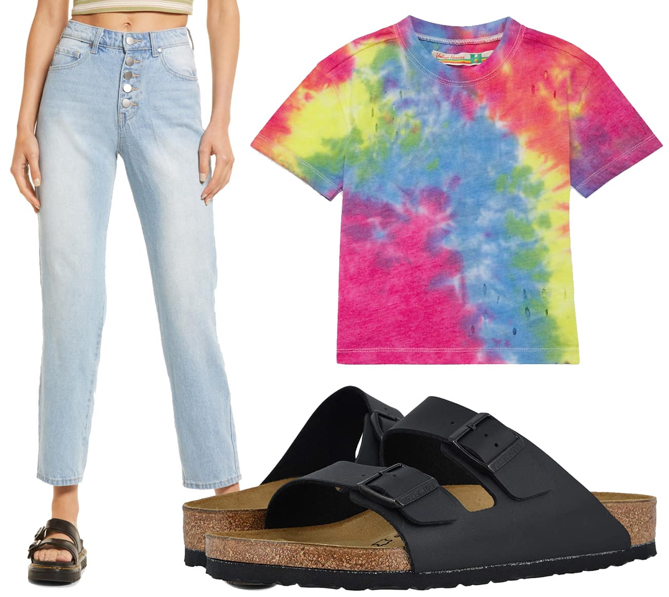 This playful and colorful outfit features light-wash mom jeans, a vibrant tie-dye tee, and comfy Birkenstock sandals, perfect for a relaxed summer day